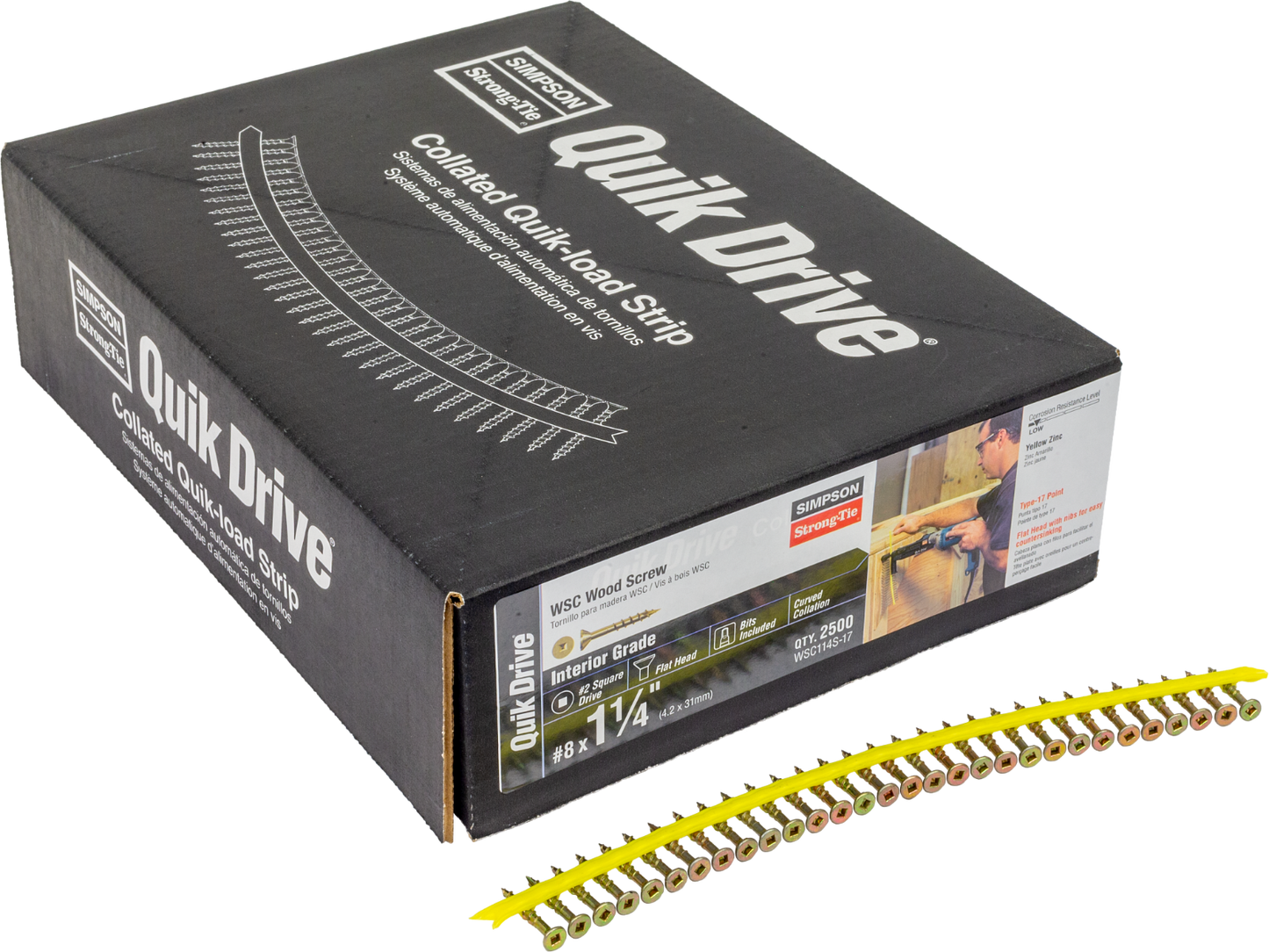 #8 x 1-1/4" Quik Drive WSC Wood Collated Screws, Yellow Zinc, Pkg 2500
