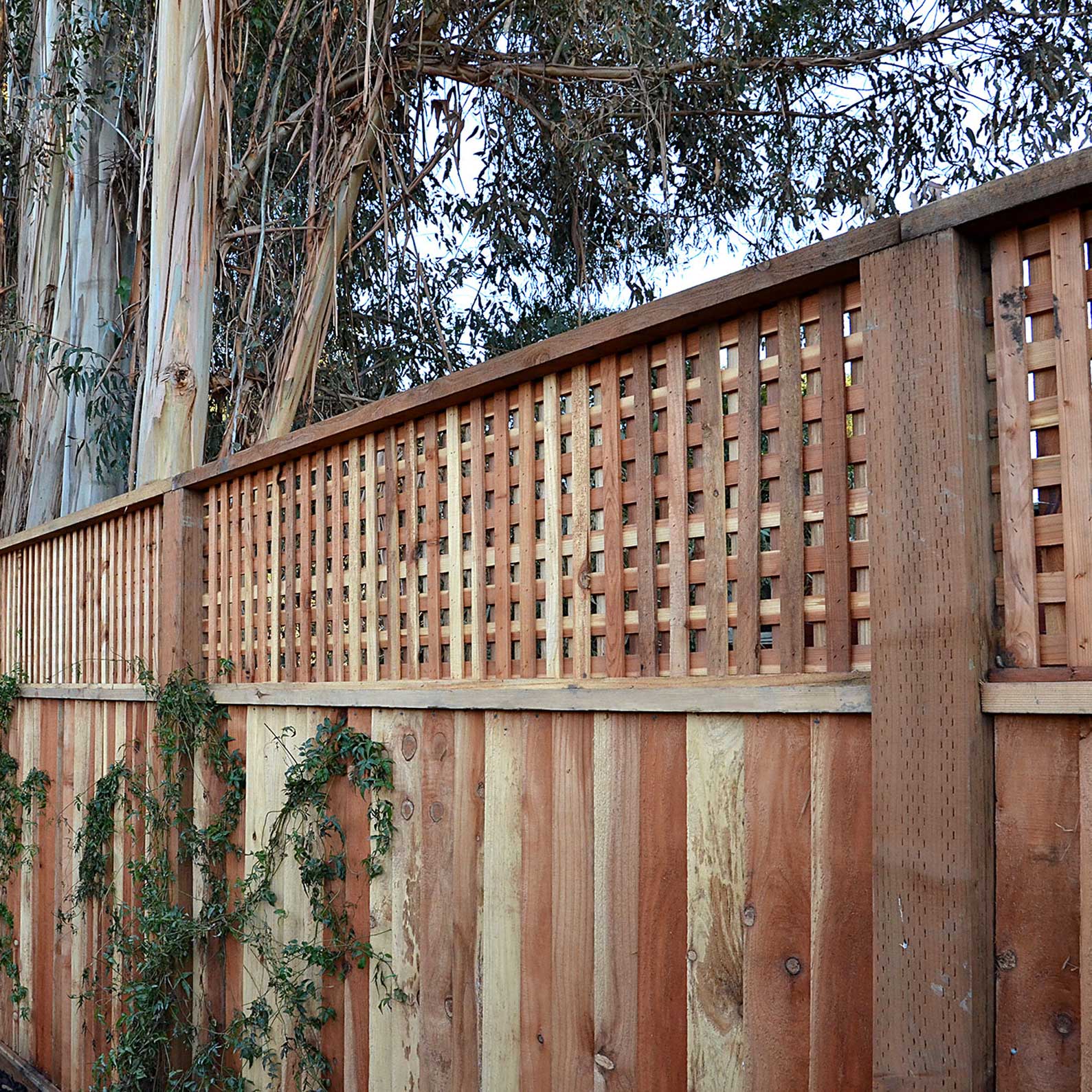 Wooden fence with lattice design and trees in the background