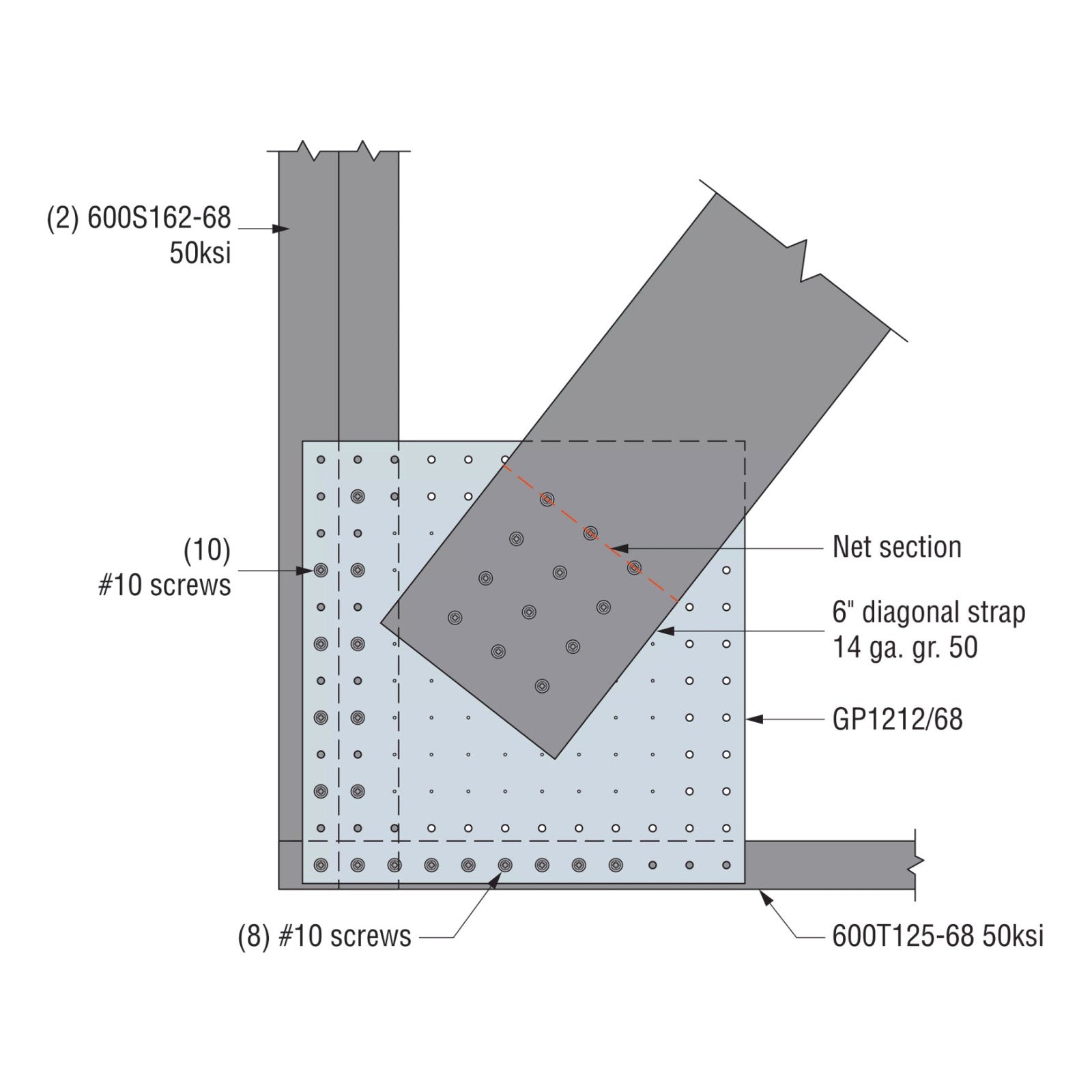 Technical diagram of a Simpson Strong-Tie gusset plate with labeled parts and specifications.