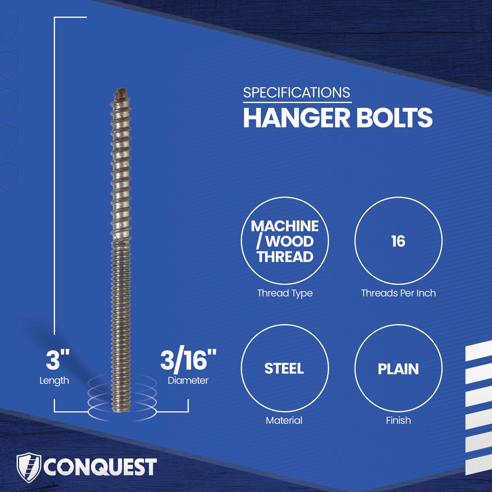 Hanger bolt with specifications on a blue background, featuring the Conquest brand.