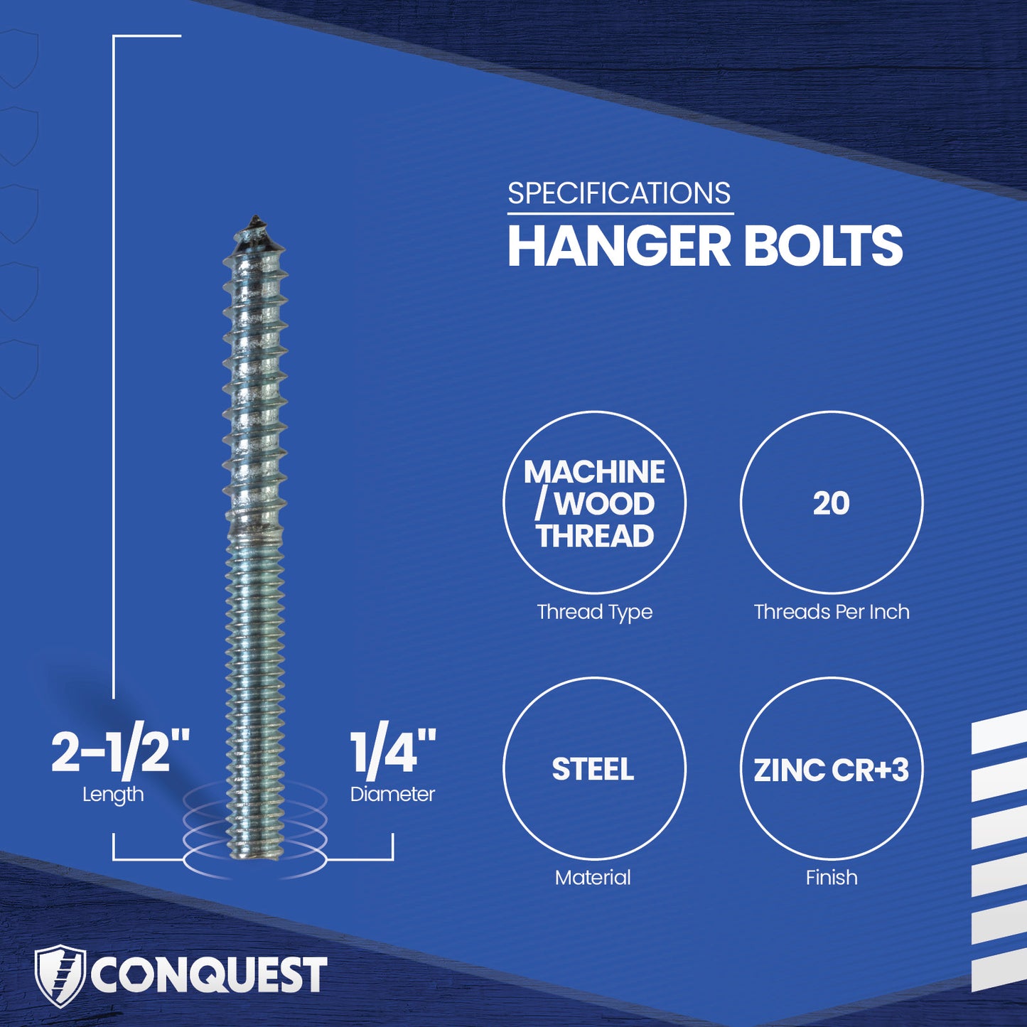 Hanger bolt specifications on a blue background with Conquest branding.