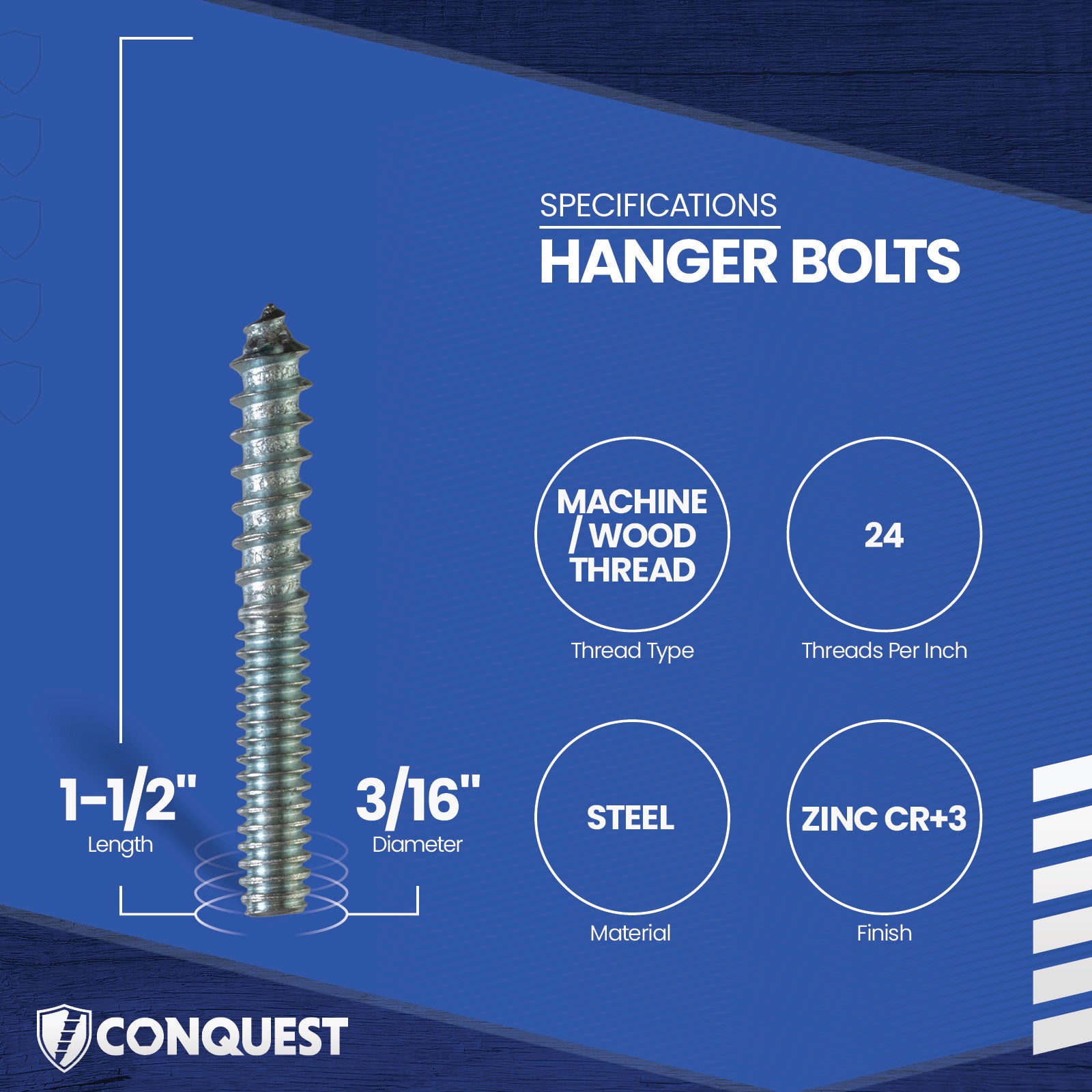 Hanger bolt with specifications on a blue background, featuring the Conquest brand.