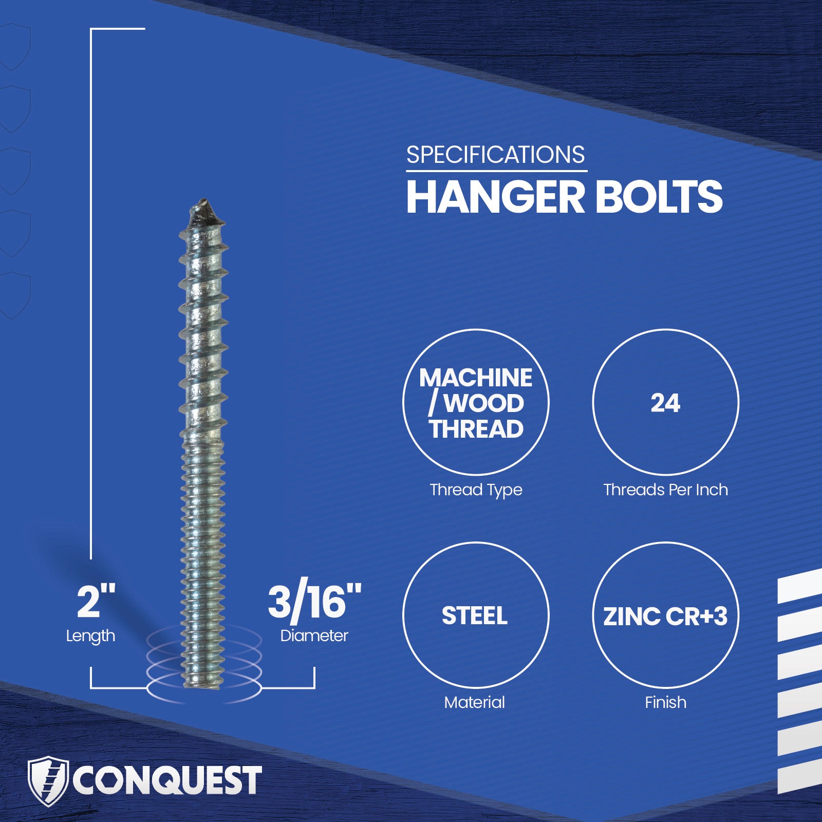 Hanger bolt with specifications on a blue background