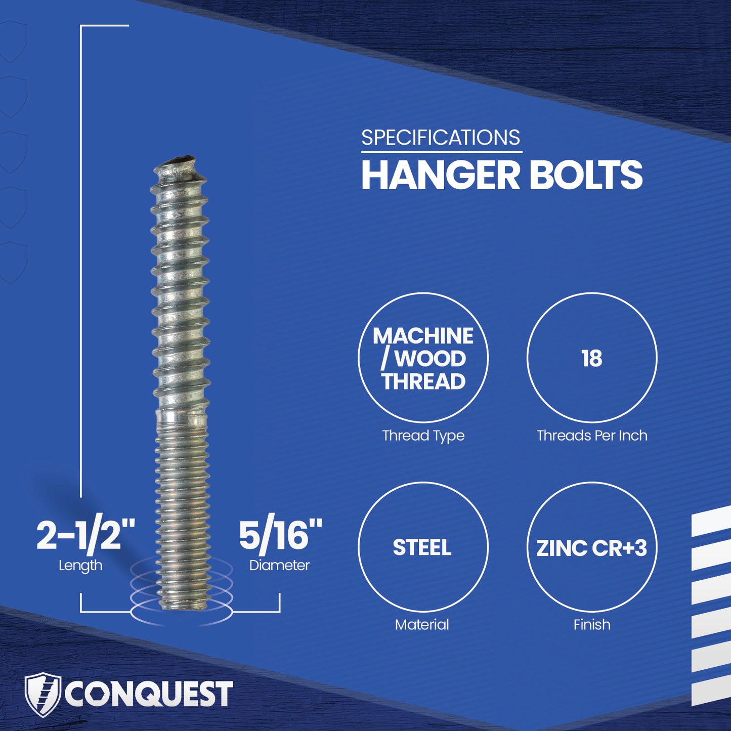 Hanger bolt with specifications on a blue background, featuring the Conquest brand.