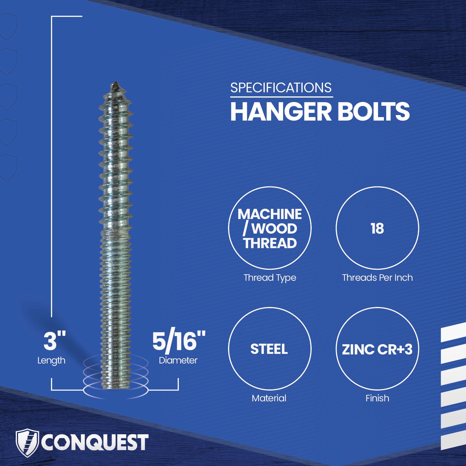 Hanger bolt with specifications on a blue background