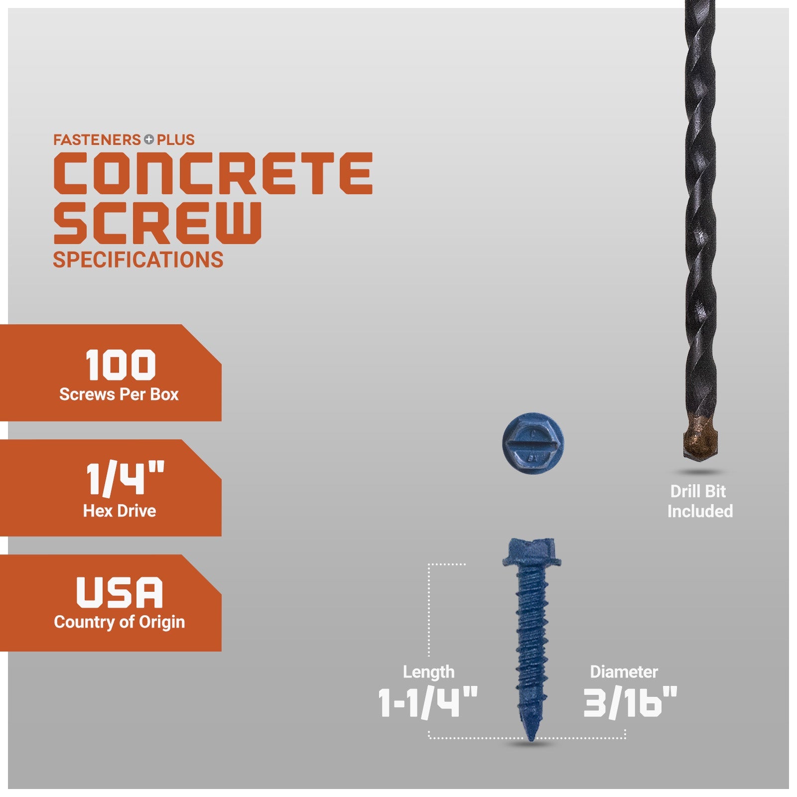 3/16" x 1-1/4" Tapcon Blue Concrete Screw, Hex Head - Individual Dimensions