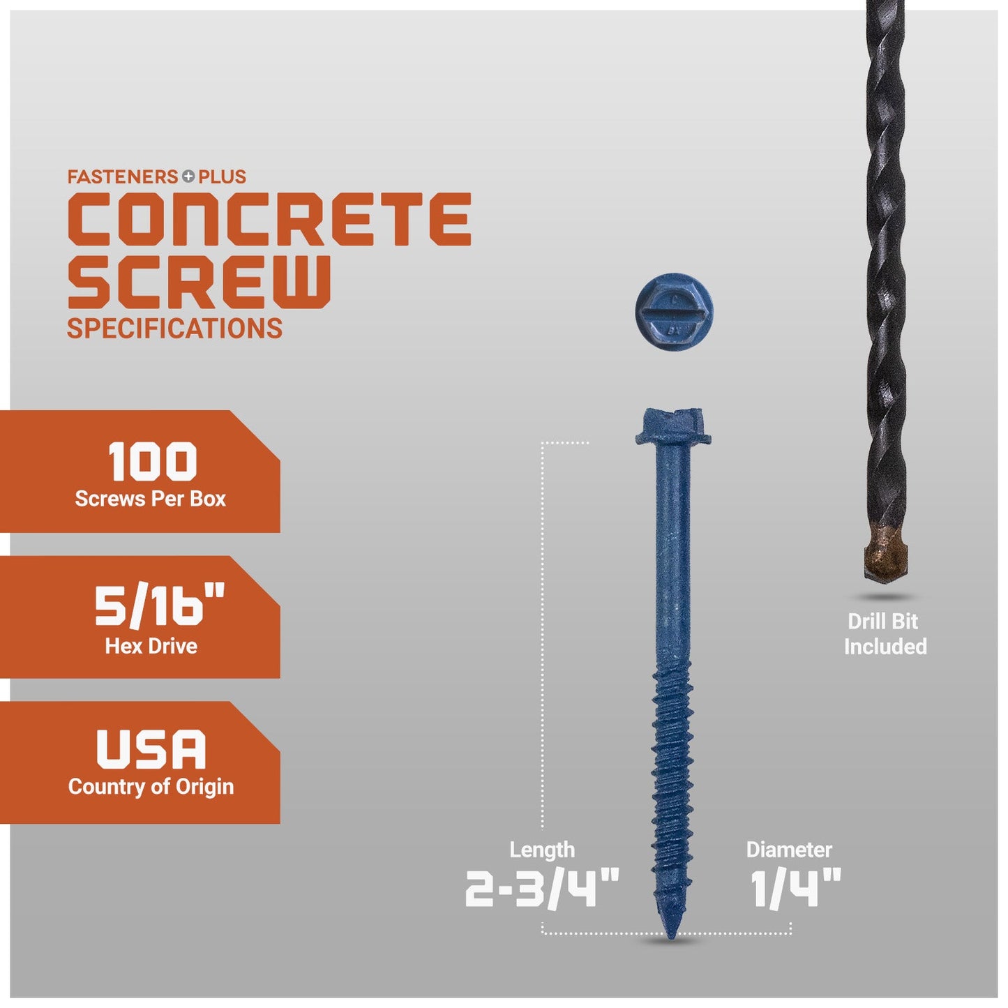1/4" x 2-3/4" Tapcon Blue Concrete Screw, Hex Head - Individual Dimensions