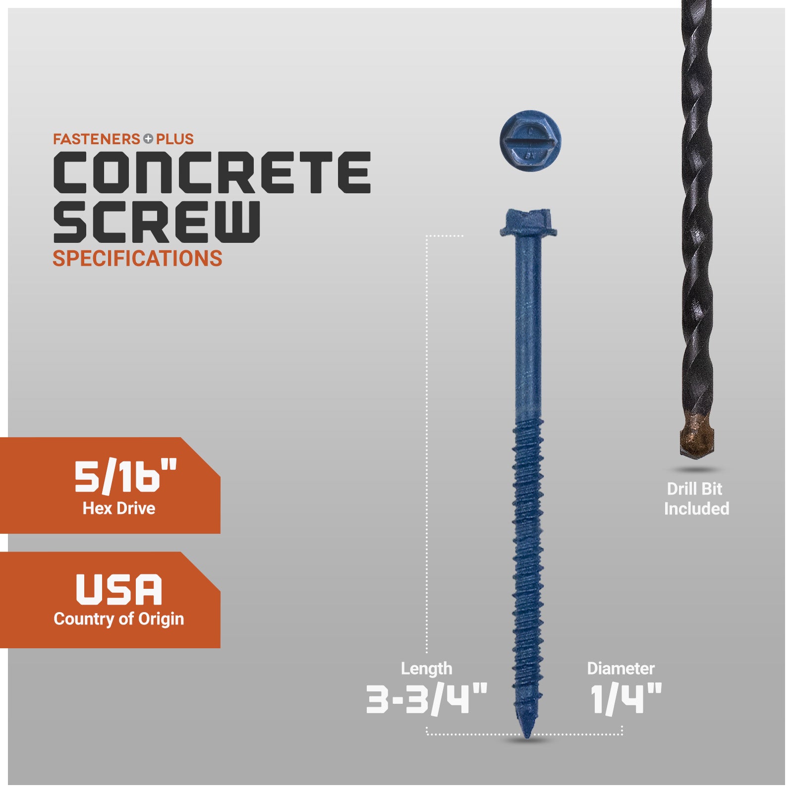 Concrete screw with specifications and drill bit included on a gray background