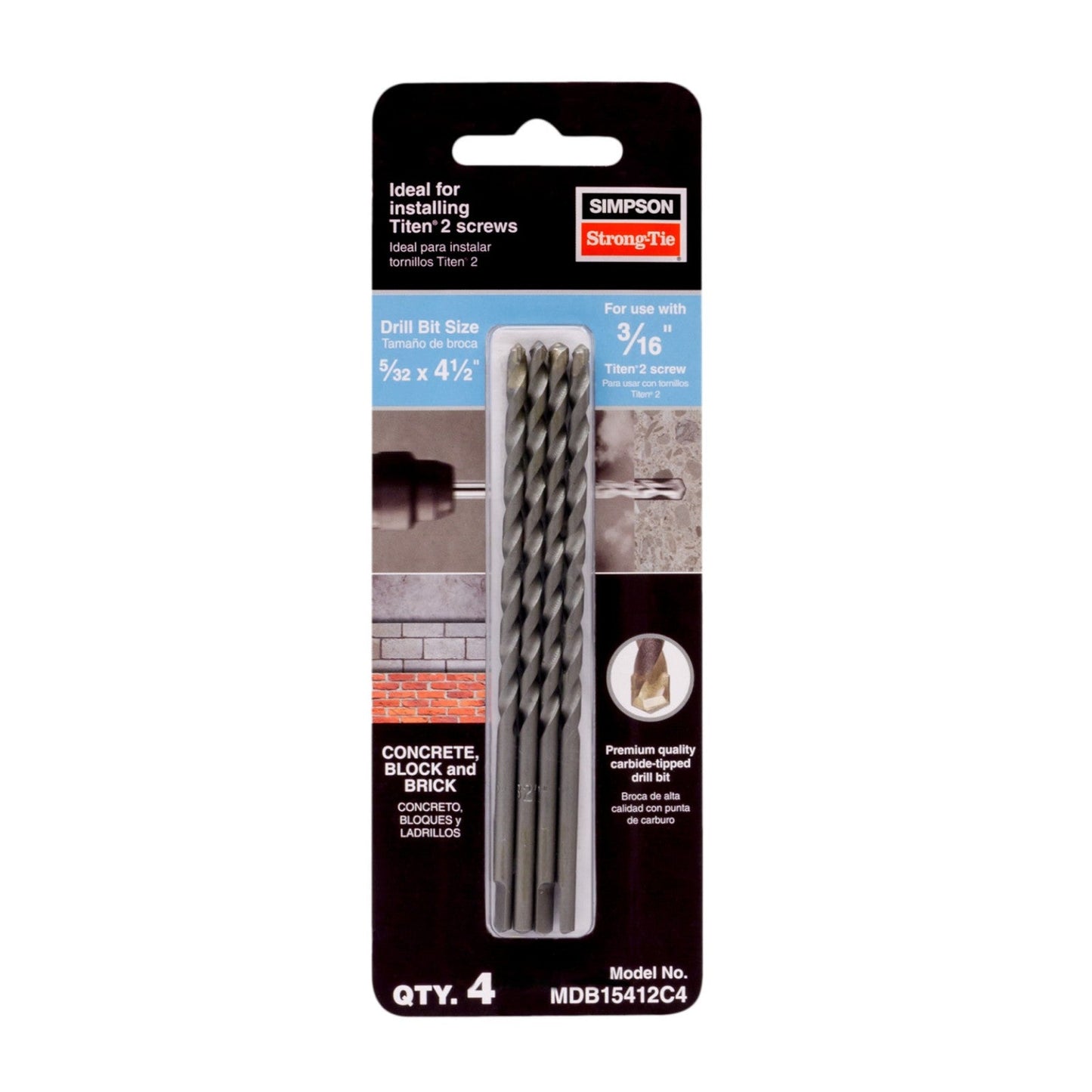 5/32" x 4-1/2" Simpson MDB15412C4 Titen Turbo Masonry Bit, Pkg 4