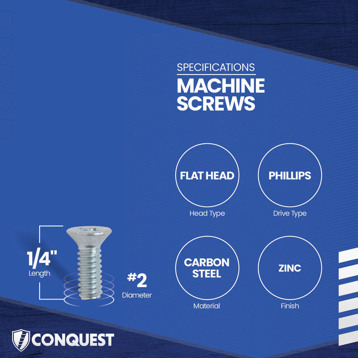 Conquest #2-56 x 1/4" Phillips Flat Head Machine Screw - Zinc - Specifications