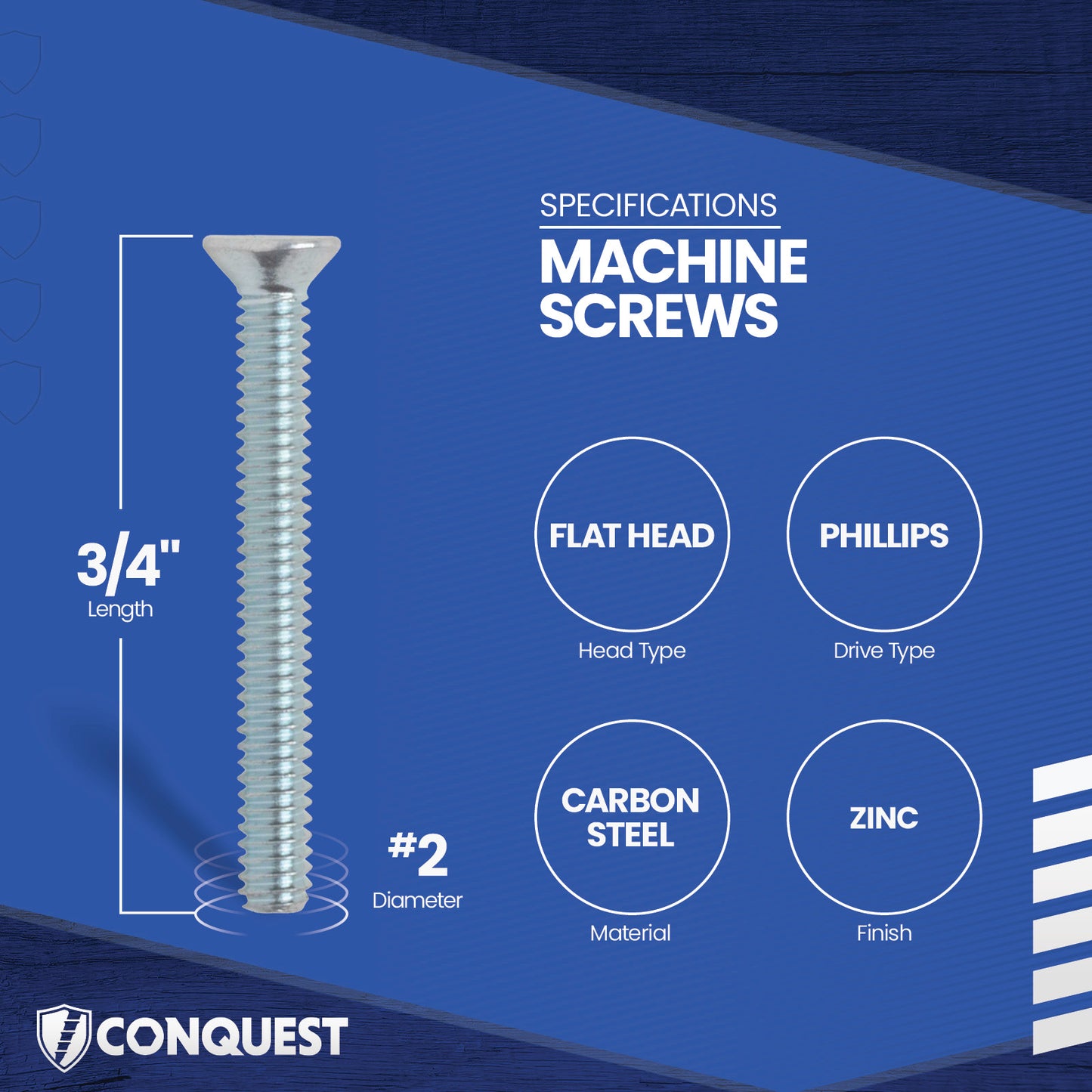 Machine screw with specifications on a blue background, featuring the Conquest brand.