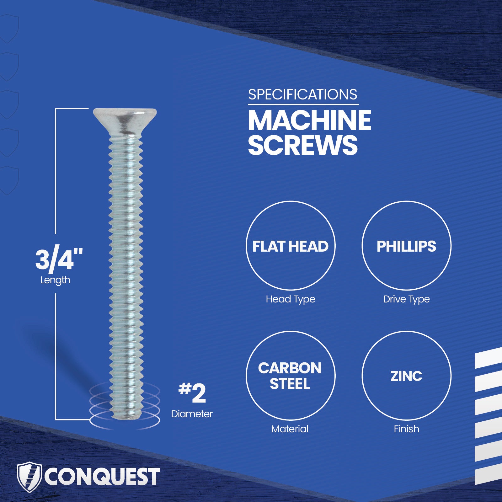 Machine screw with specifications on a blue background, featuring the Conquest brand.