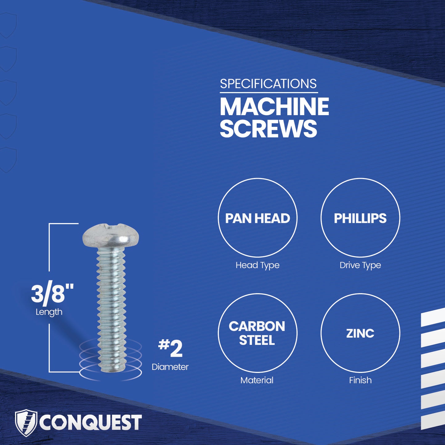 Conquest #2-56 x 3/8" Phillips Pan Head Machine Screw - Zinc
Specifications