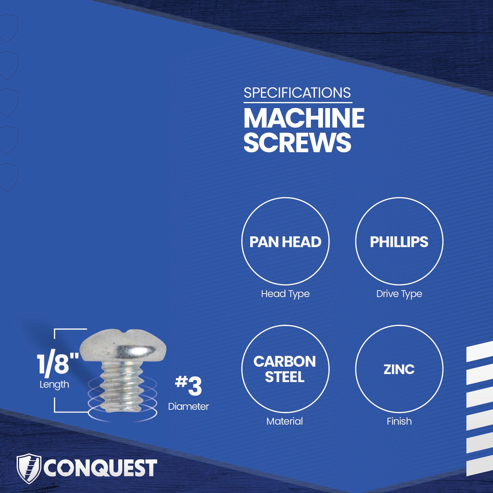 Conquest #3-48 x 1/8" Phillips Pan Head Machine Screw - Zinc
Specifications