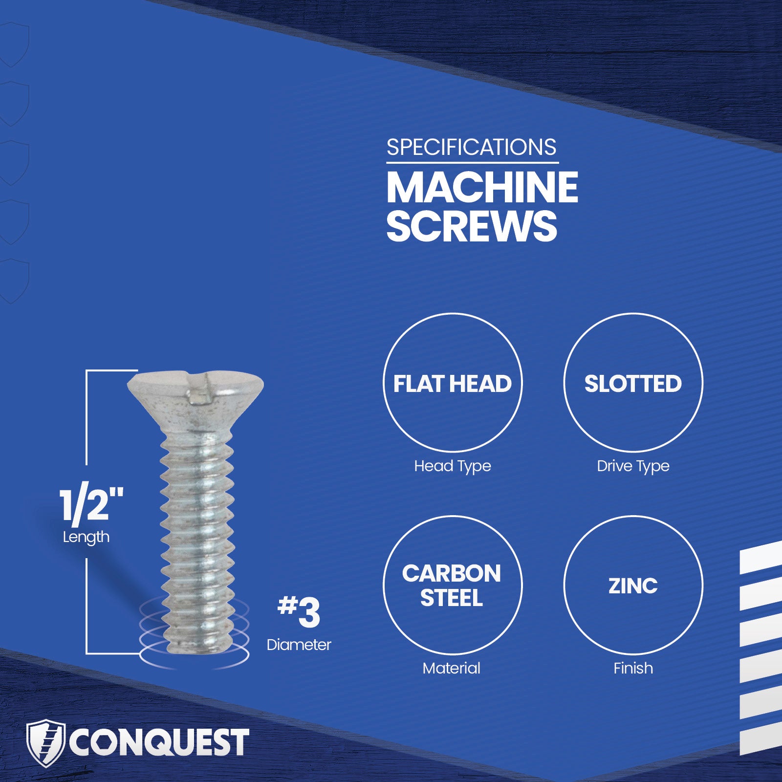Conquest #3-48 x 1/2" Slotted Flat Head Machine Screw - Zinc
Specifications