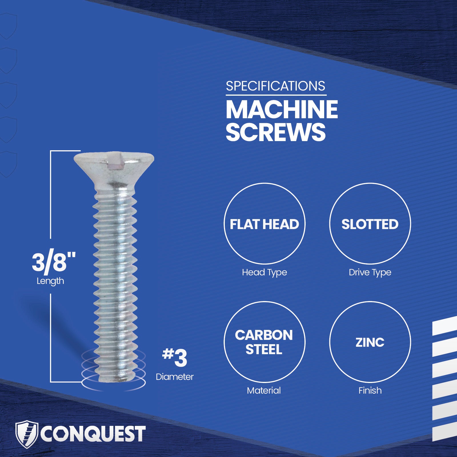 Conquest #3-48 x 3/8" Slotted Flat Head Machine Screw - Zinc
Specifications