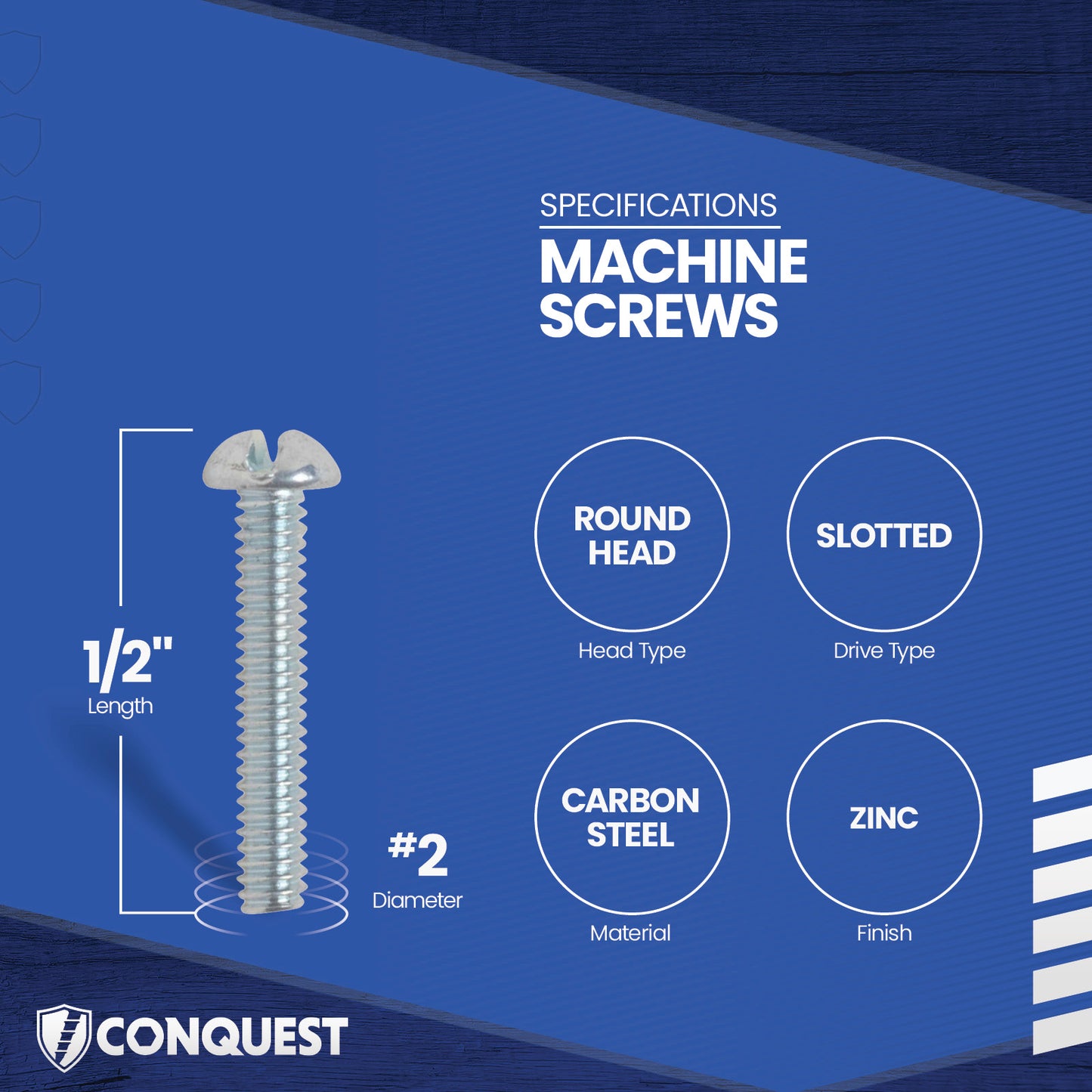 Conquest #2-56 x 1/2" Slotted Round Head Machine Screw - Zinc _ Specifications