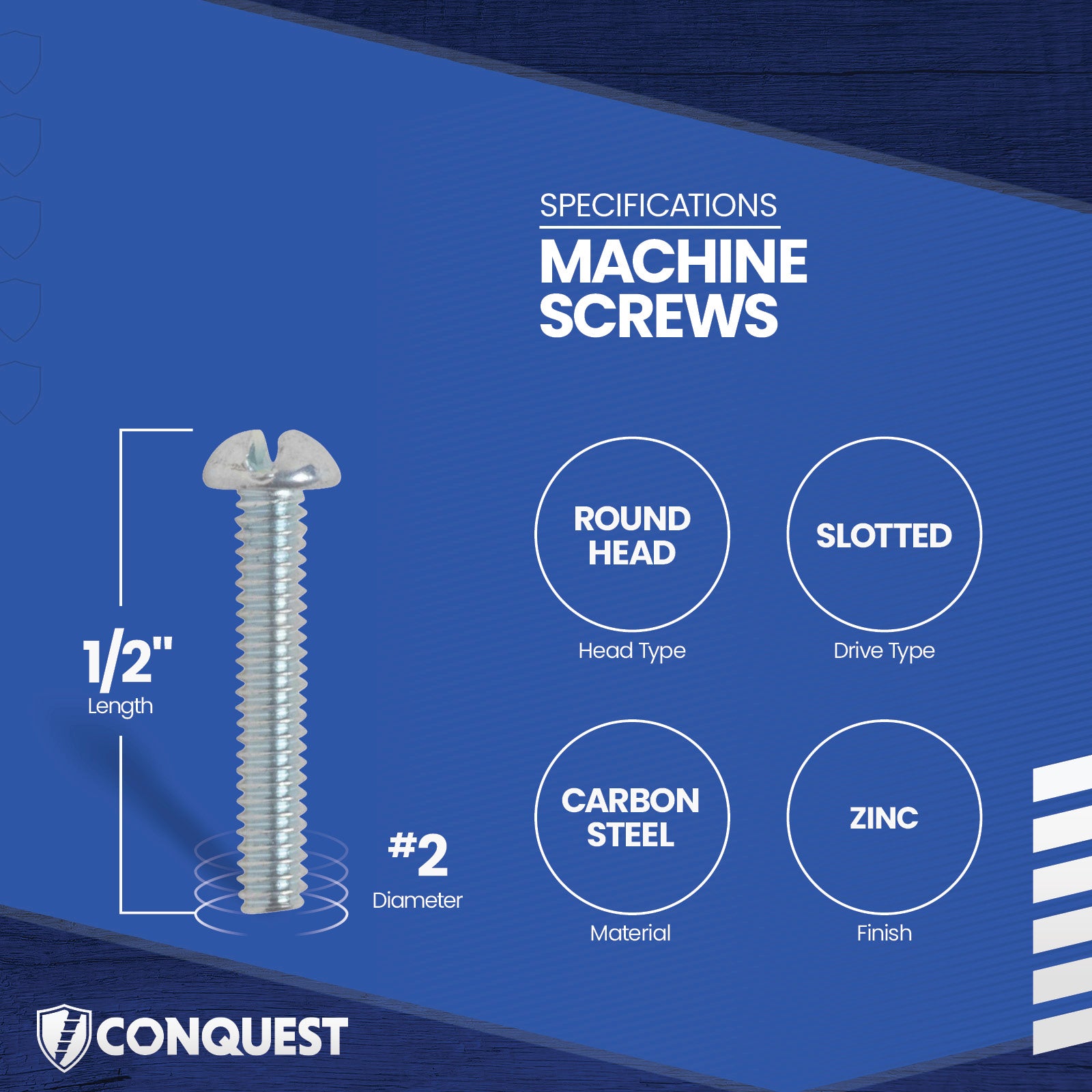 Conquest #2-56 x 1/2" Slotted Round Head Machine Screw - Zinc _ Specifications