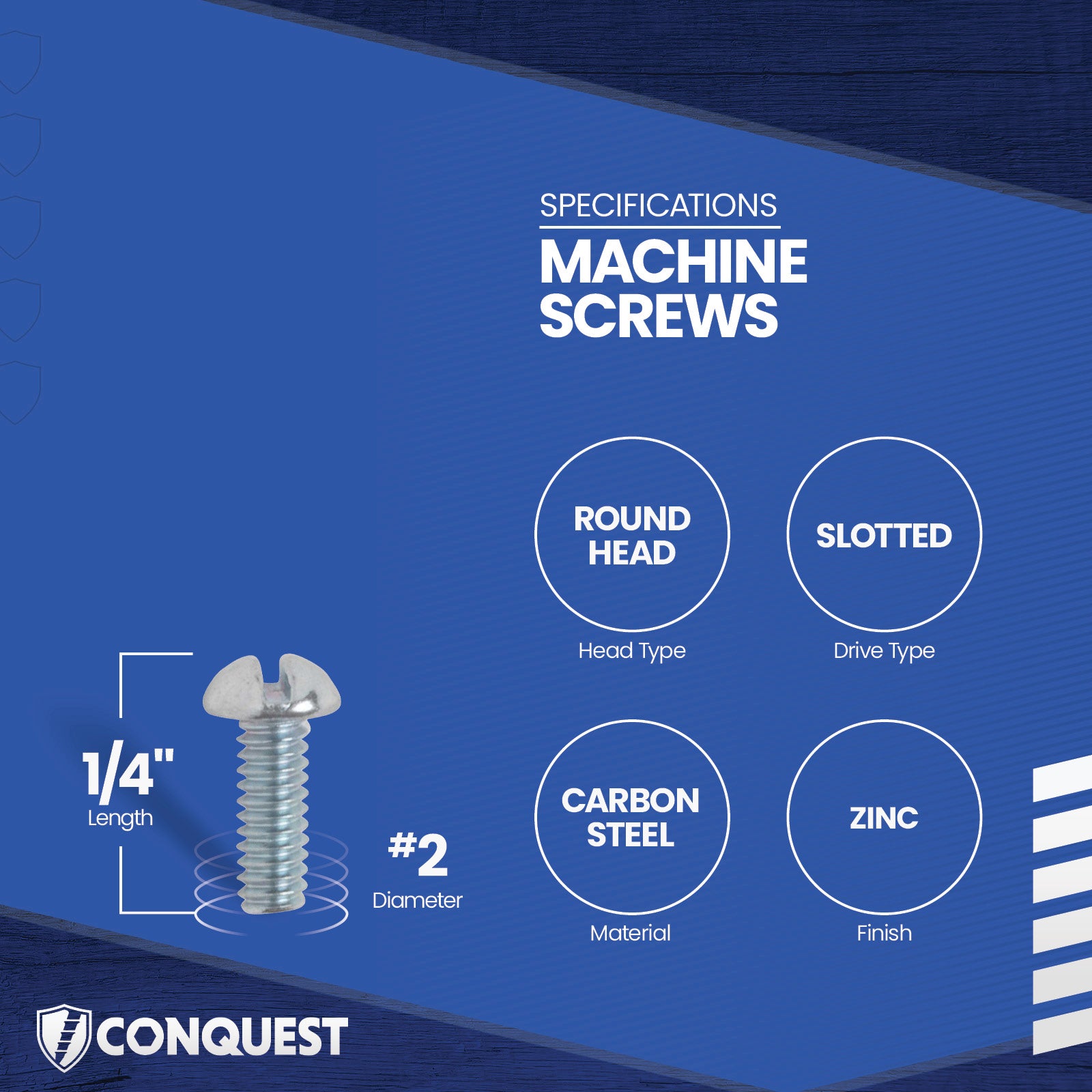 Conquest #2-56 x 1/4" Slotted Round Head Machine Screw - Zinc
Specifications