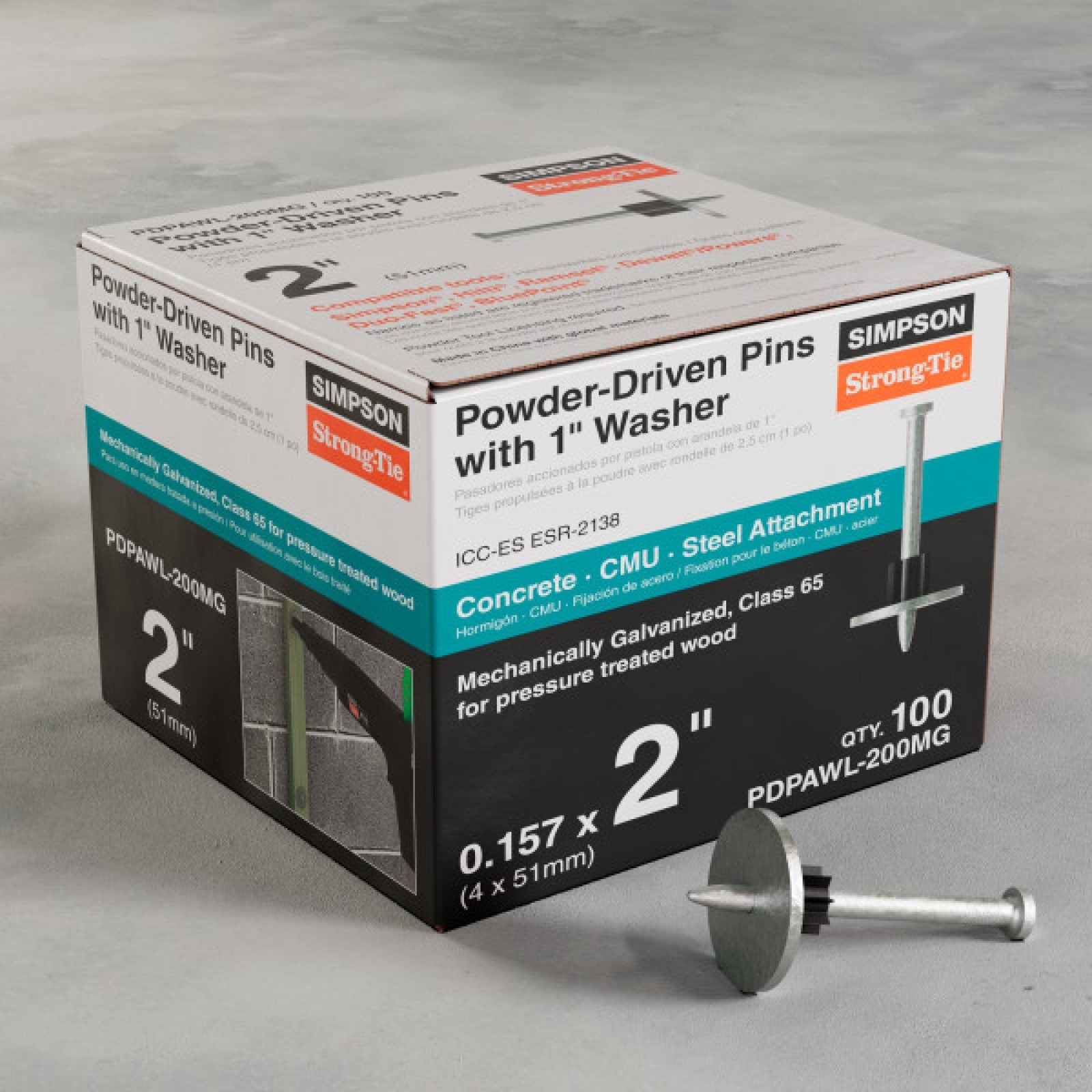 Simpson Stong-Tie PDPAWL-200MG 2" Drive Pins W/1" Washers - Galvanized, Pkg 100