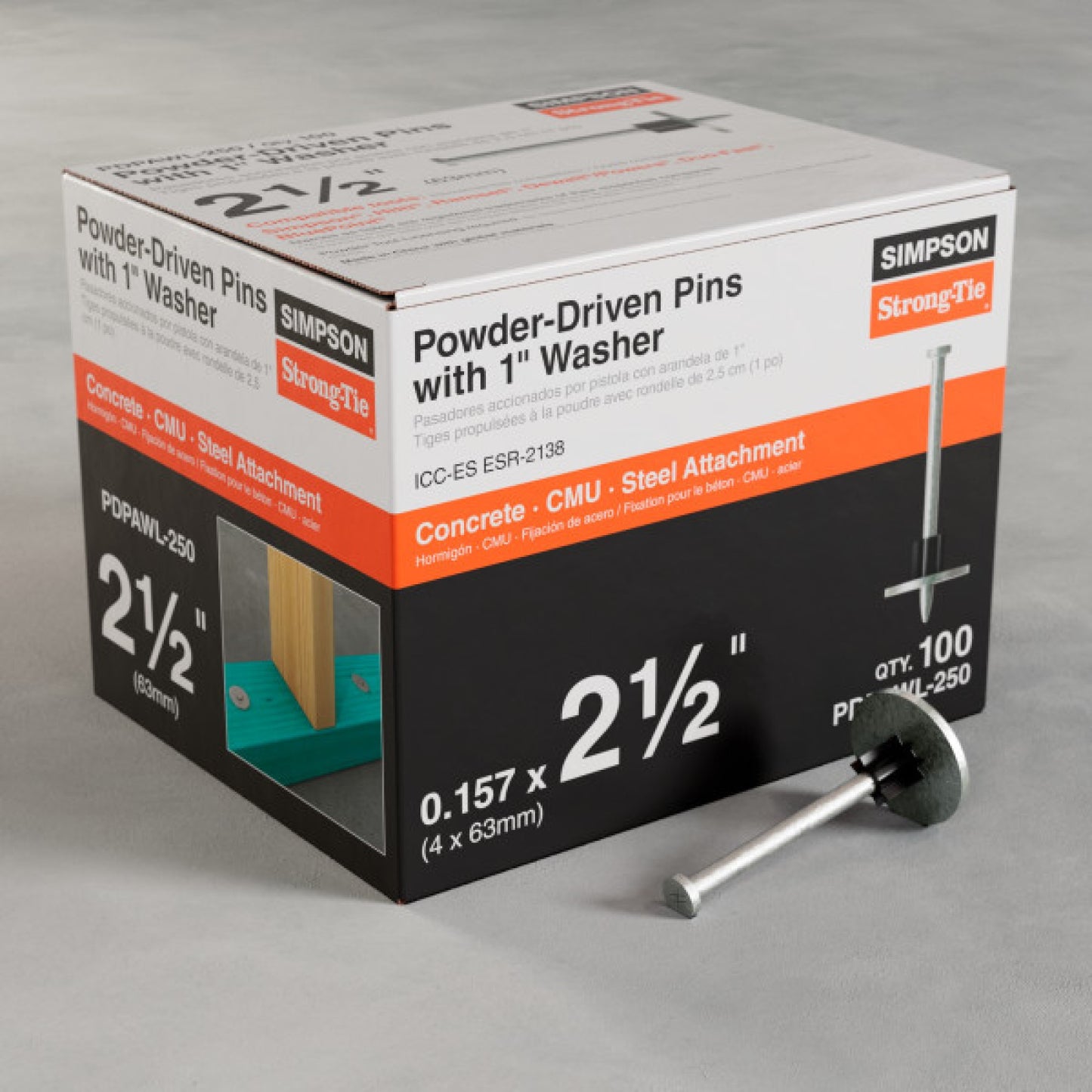 Simpson PDPAWL-250 2-1/2" Drive Pins W/1" Washers - Zinc, Pkg 100