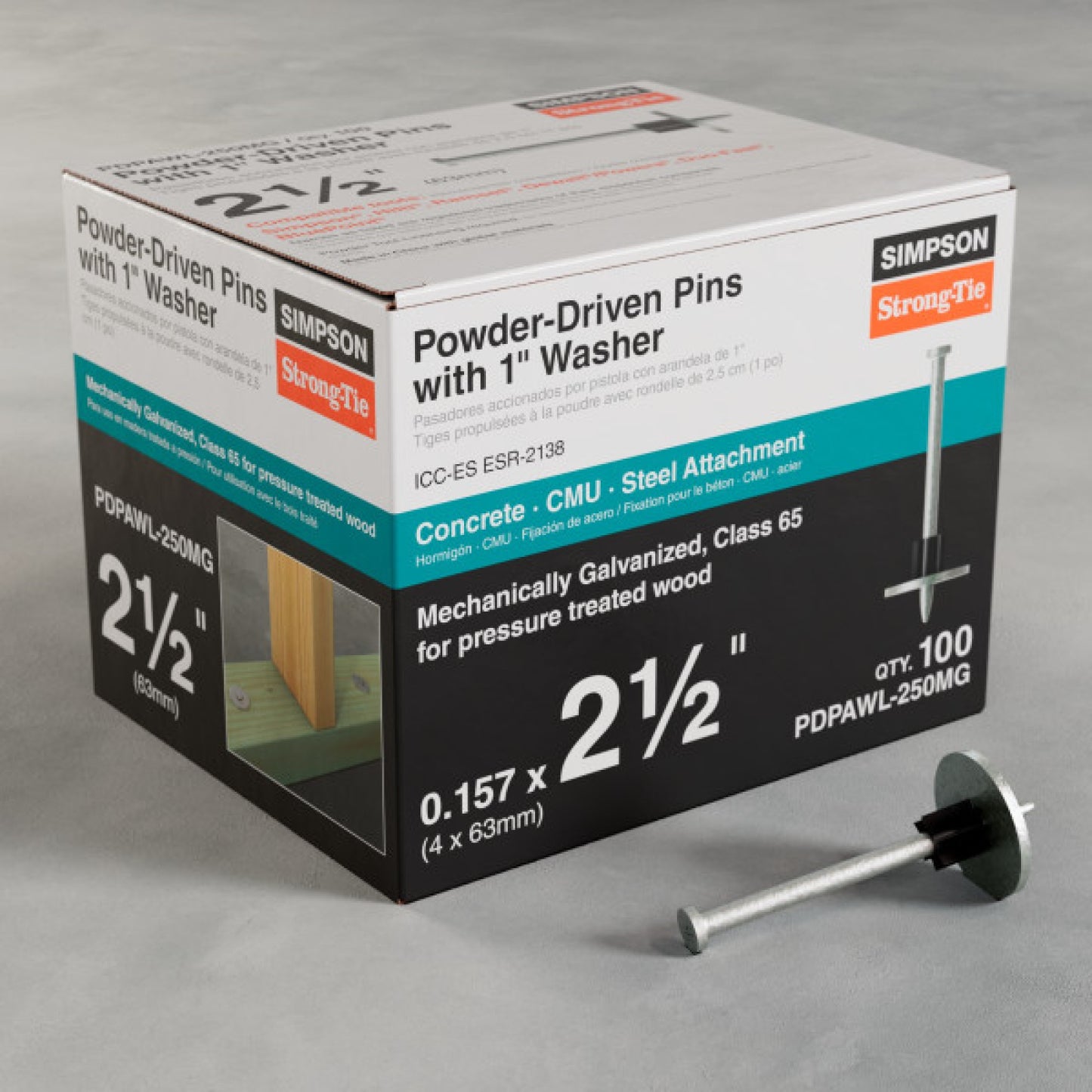 Simpson PDPAWL-250MG 2-1/2" Drive Pins W/1" Washers - Galvanized, Pkg 100