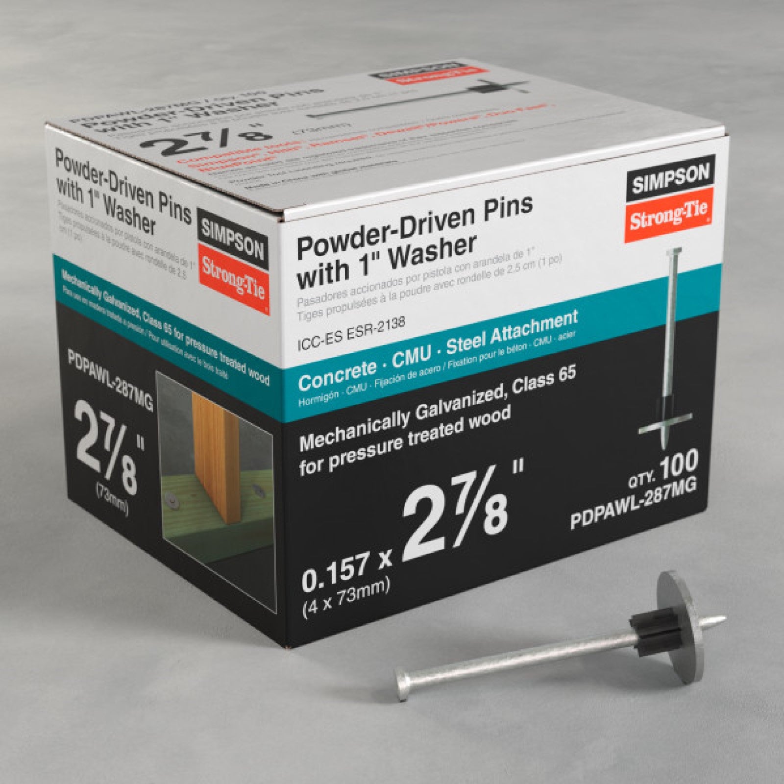 Simpson Strong-Tie PDPAWL-287MG 2-7/8" Drive Pins W/1" Washers - Galvanized, Pkg 100