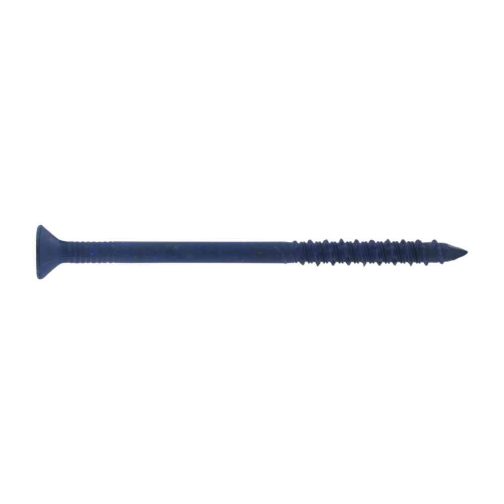 A single blue flat head Tapcon concrete screw with a T-25 star drive.