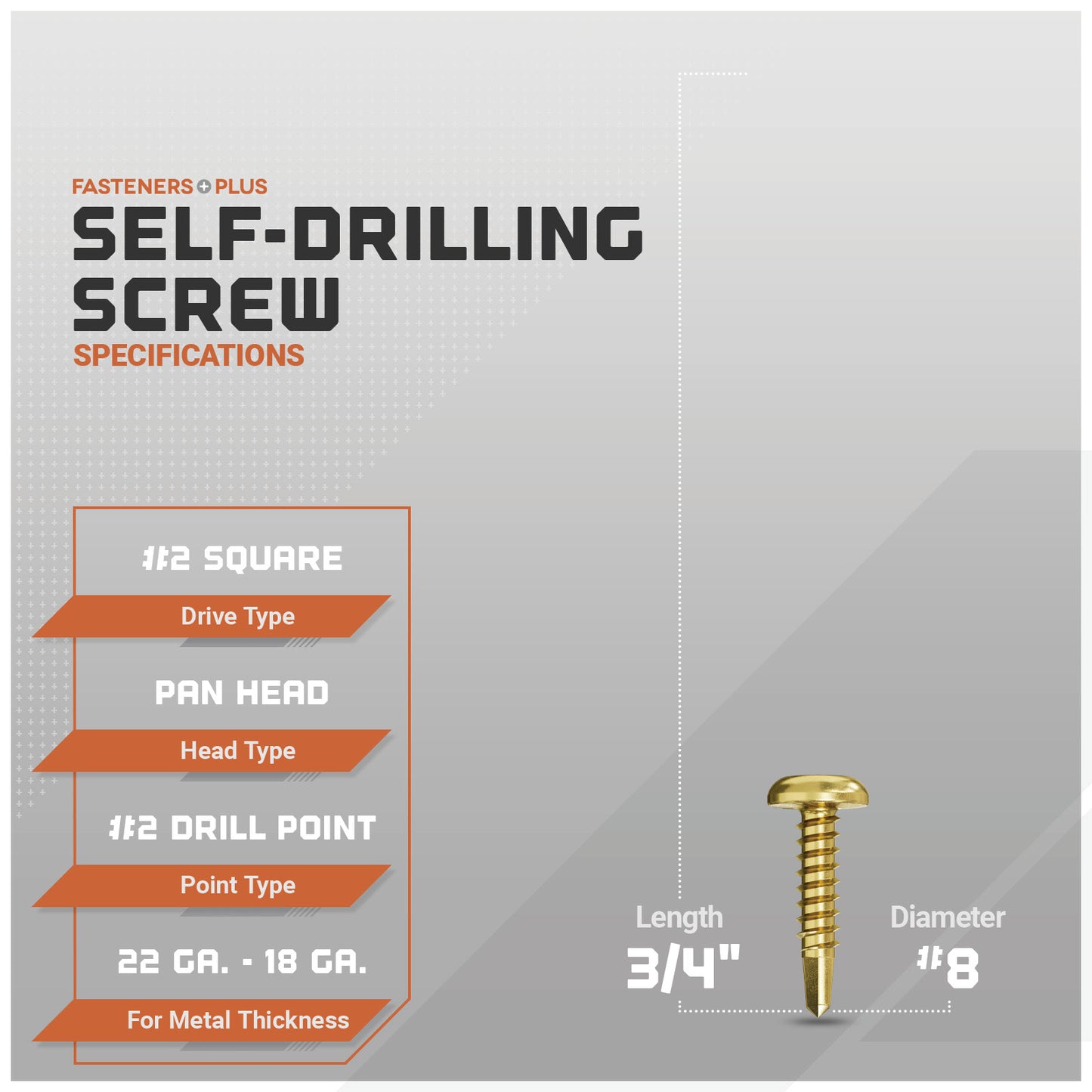 Self-drilling screws with specifications on a gray background