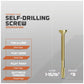 Gold self-drilling screw with specifications on a gray background