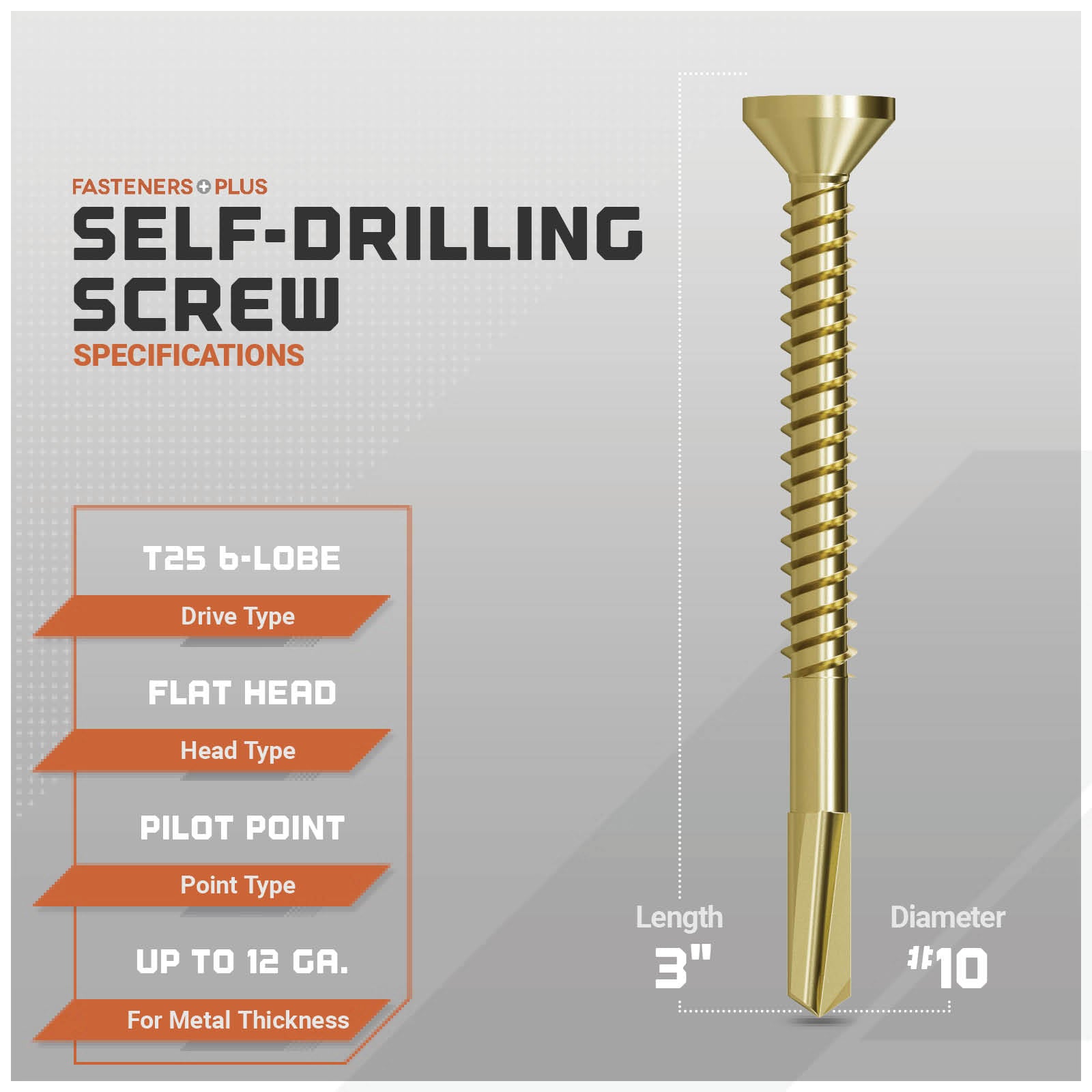 Gold self-drilling screw with specifications on a gray background