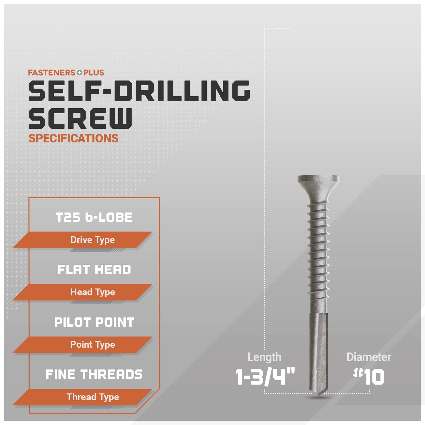 Self-drilling screw with specifications on a gray background