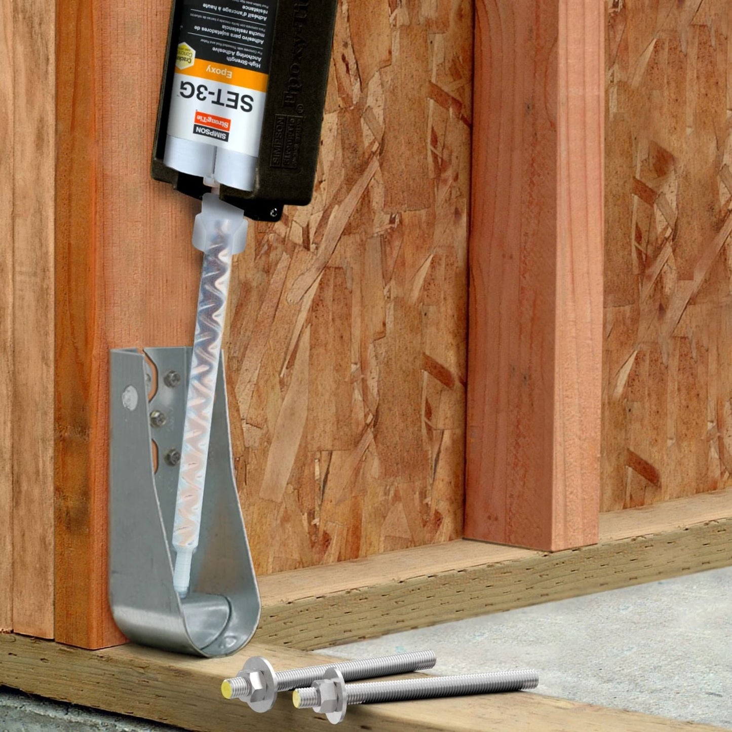 Simpson Strong-Tie RFB Retrofit anchor bolt being installed with epoxy anchoring adhesive
