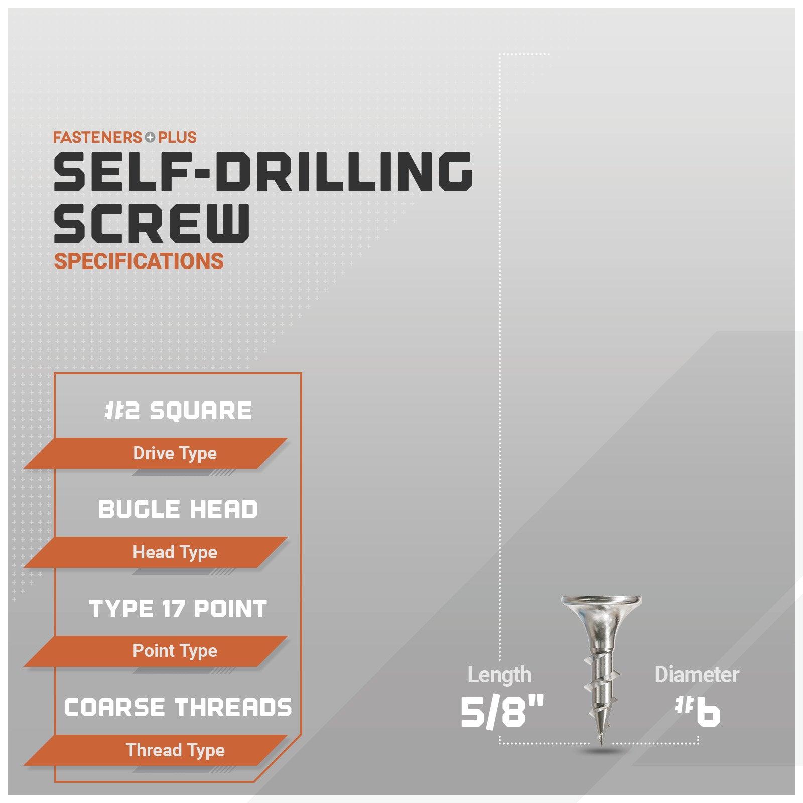 Self-drilling screws with specifications on a gray background