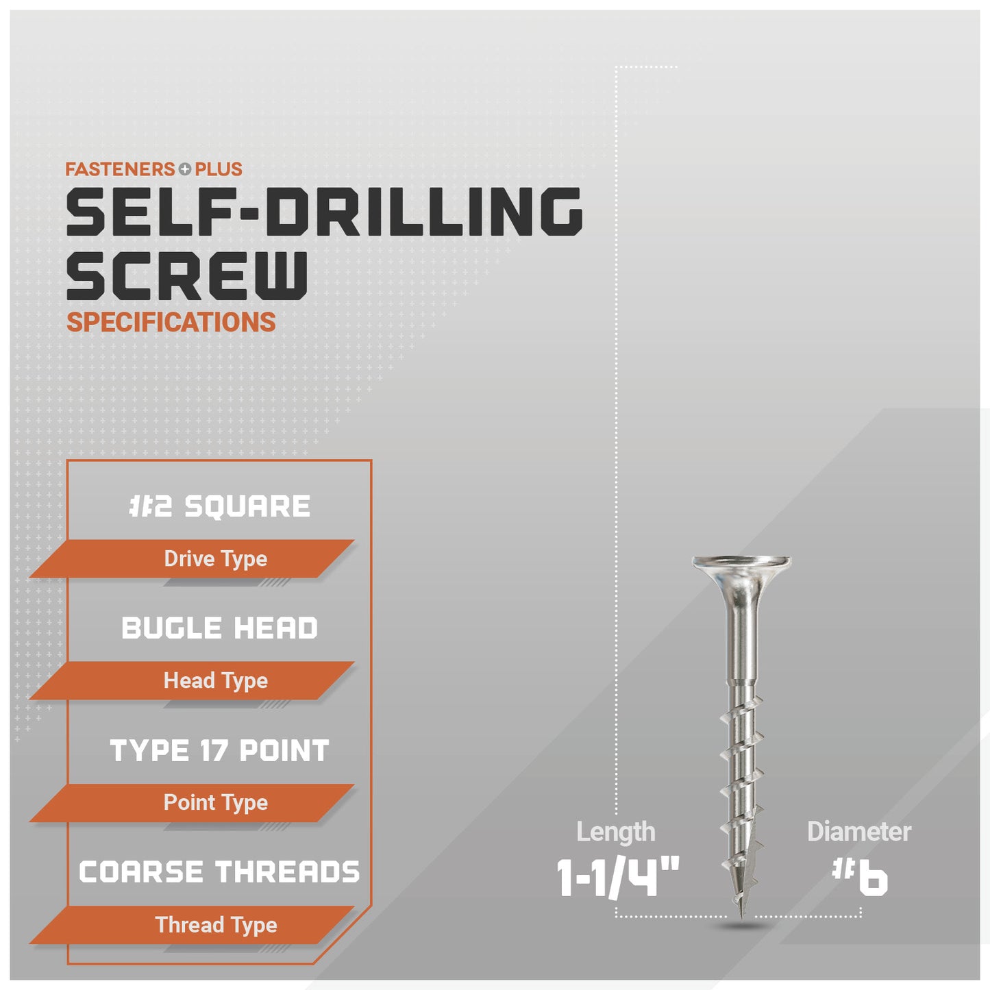 Self-drilling screws with specifications on a gray background