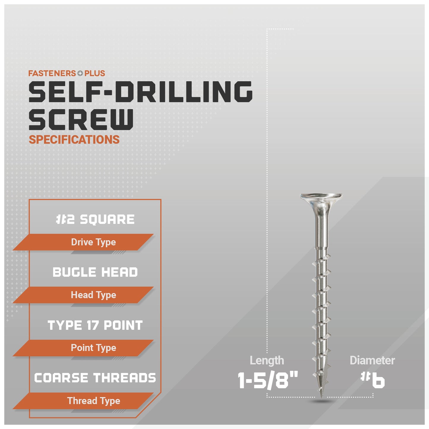 Self-drilling screws with specifications on a gray background
