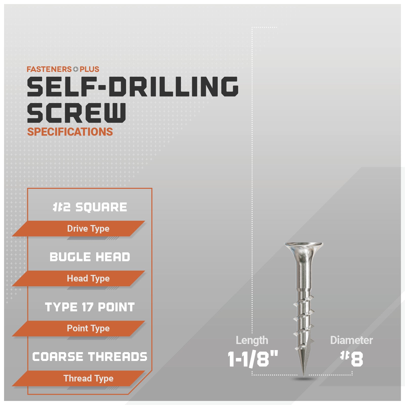 Self-drilling screw with specifications on a gray background