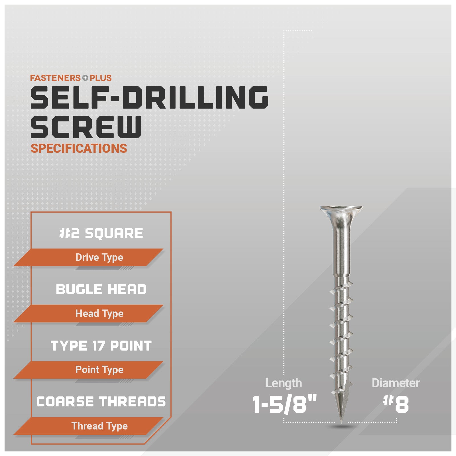 Self-drilling screws with specifications on a gray background