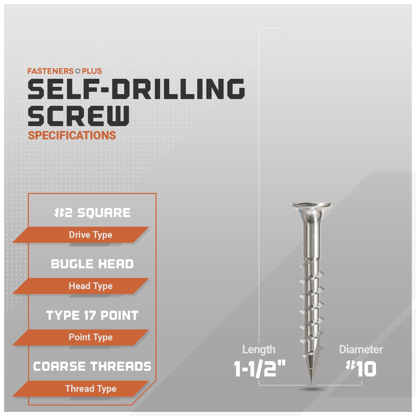 Self-drilling screw with specifications on a gray background