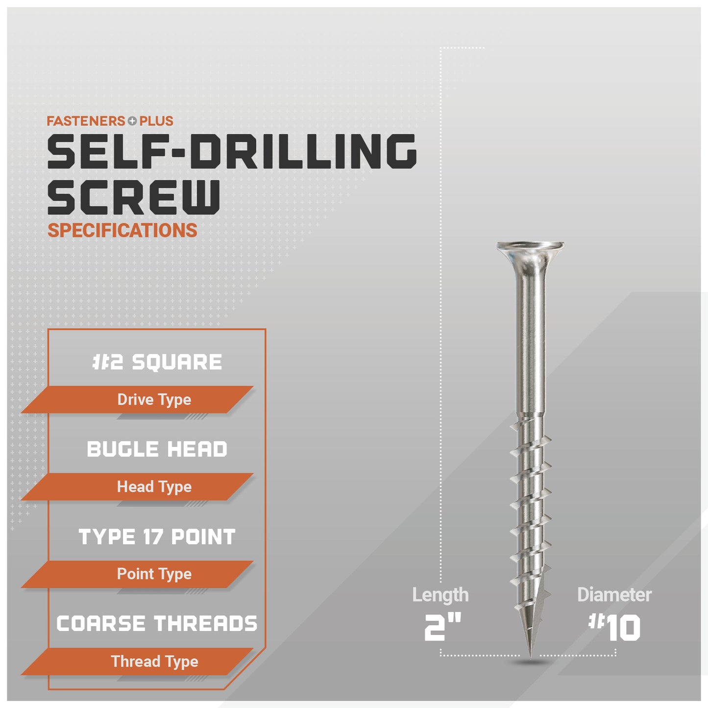 Self-drilling screw with specifications on a gray background