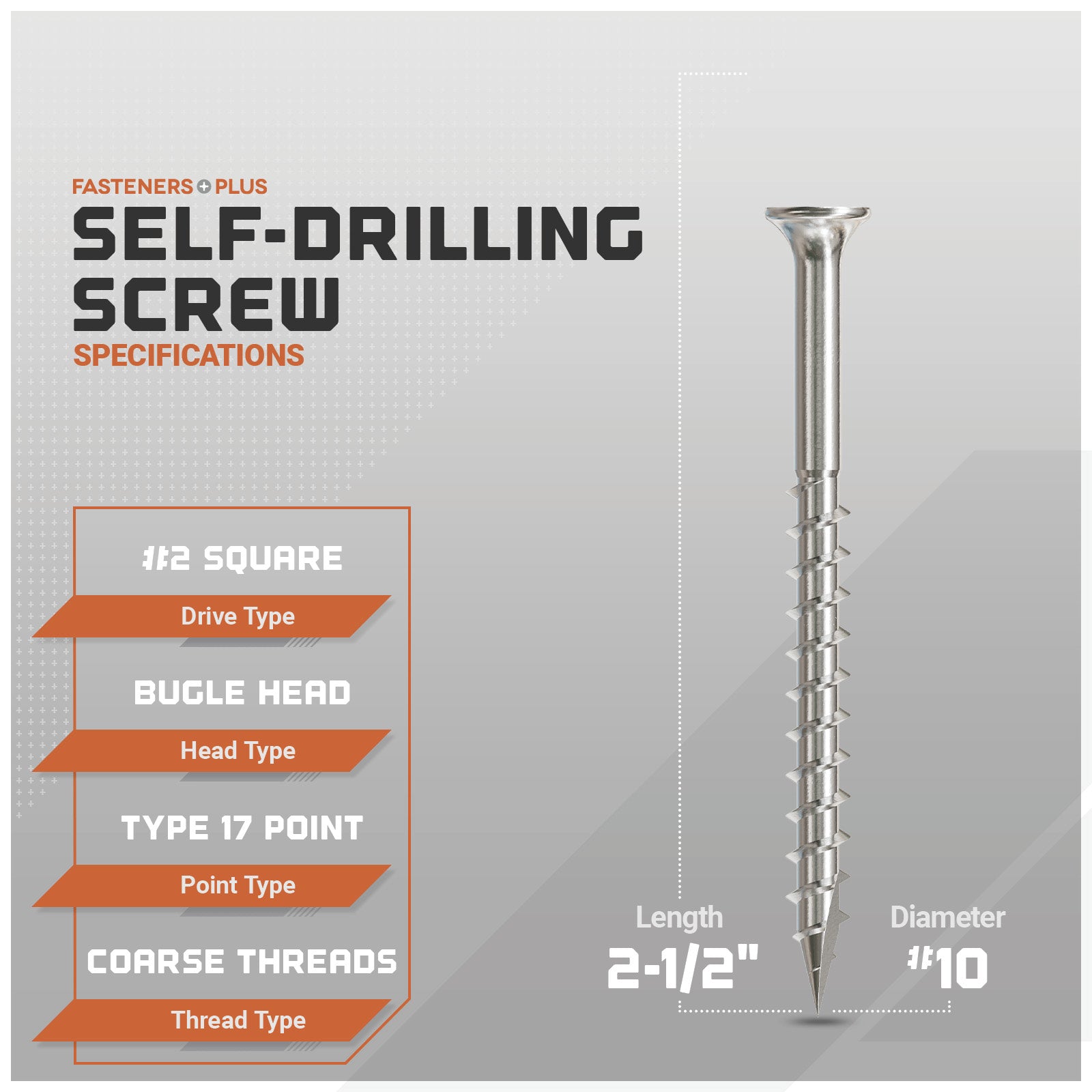 Self-drilling screw with specifications on a gray background