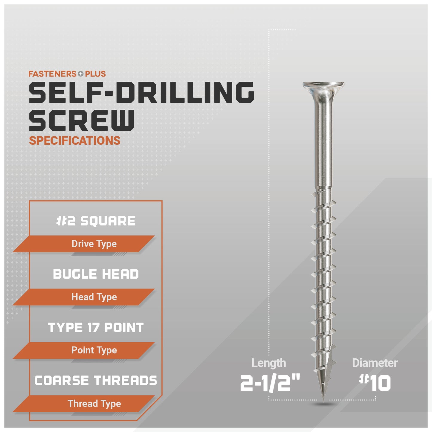 Self-drilling screw with specifications on a gray background