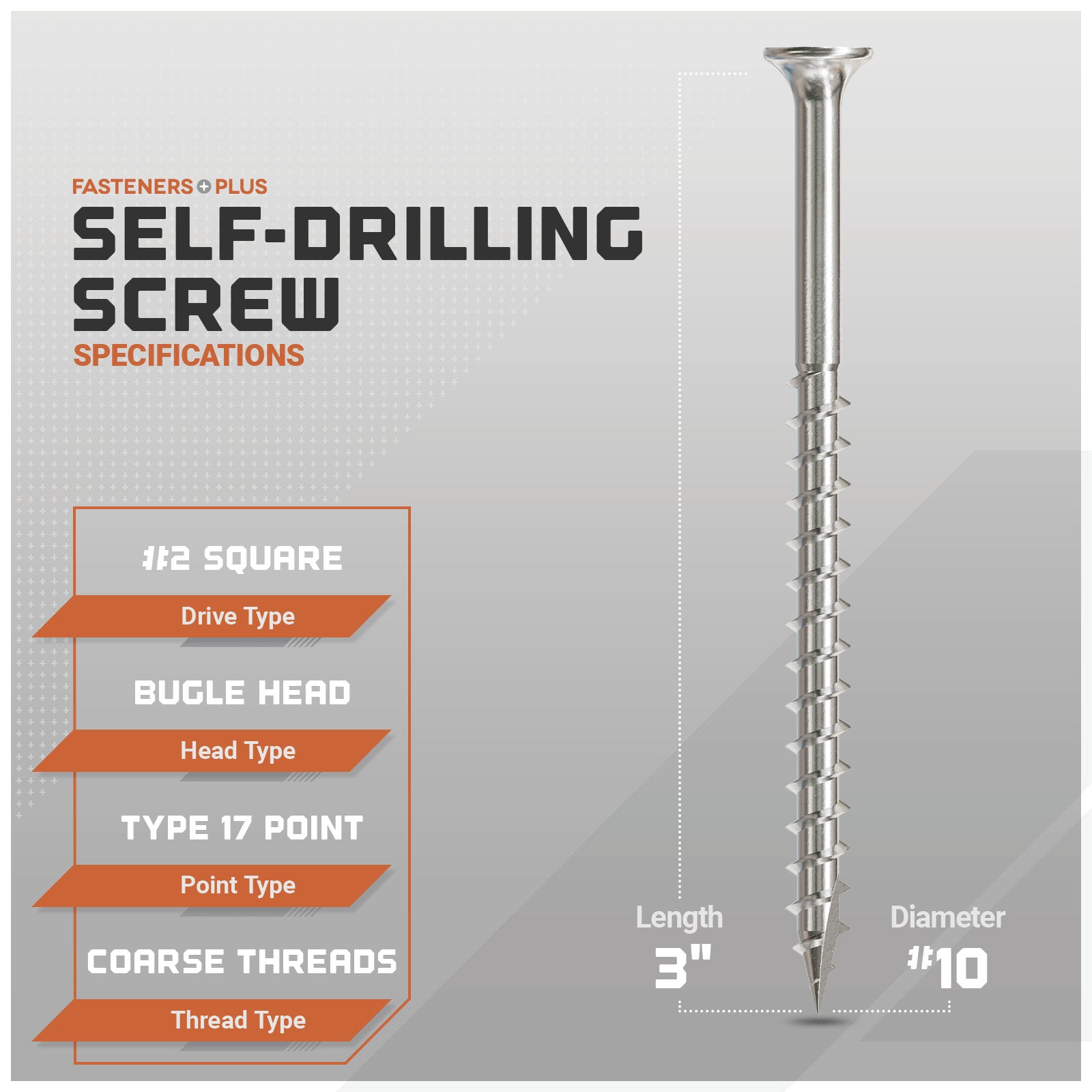 Self-drilling screw with specifications on a gray background