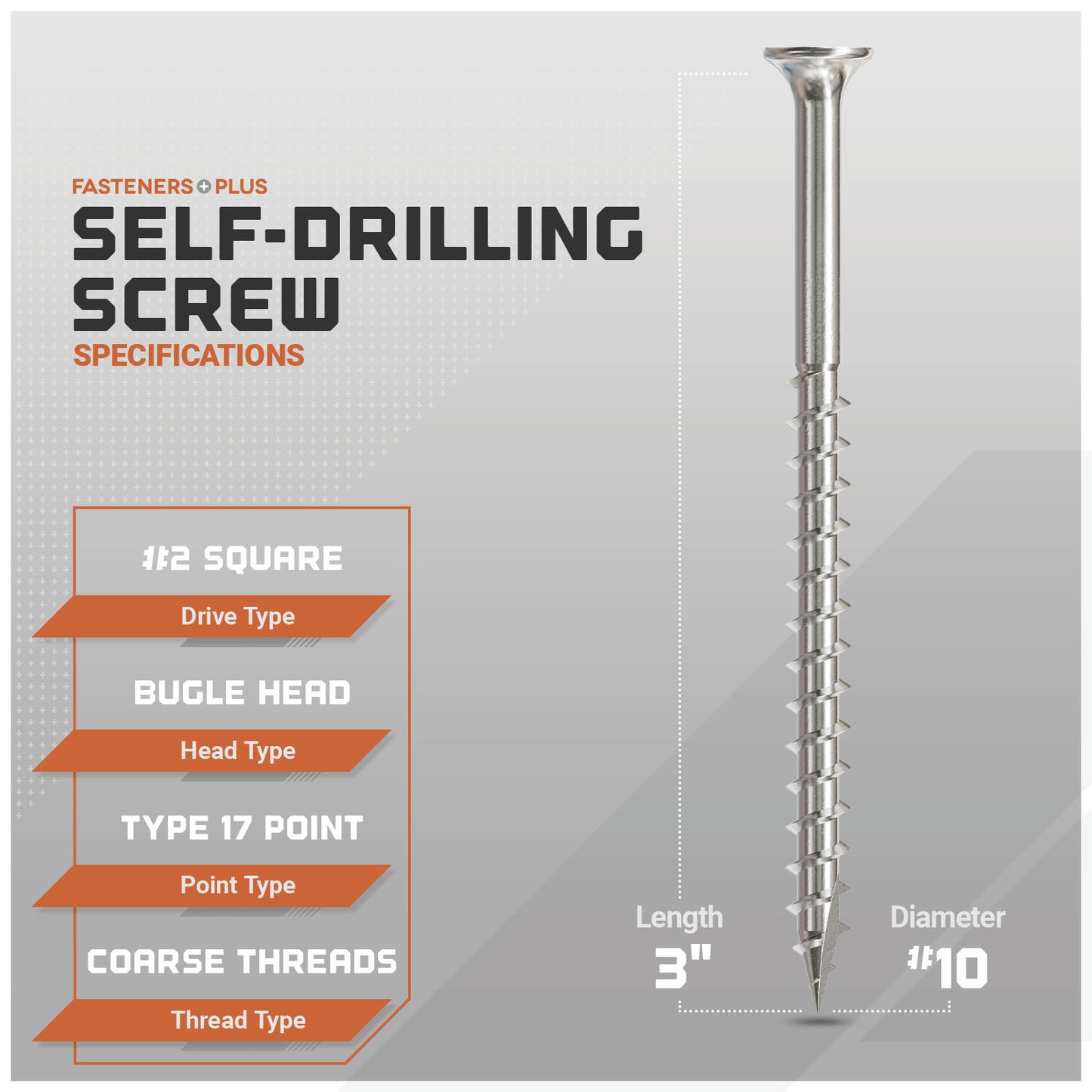 Self-drilling screw with specifications on a gray background