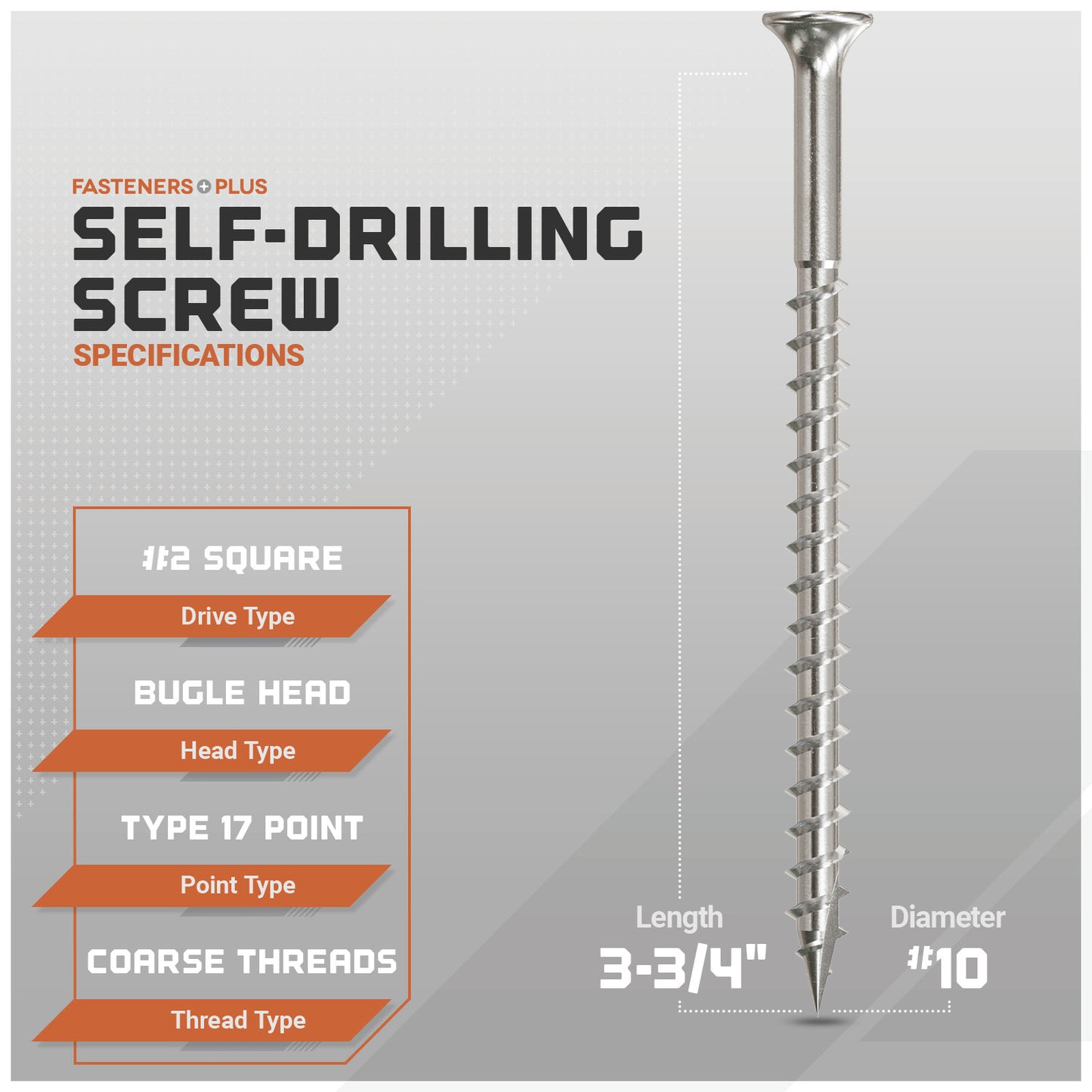 Self-drilling screw with specifications on a gray background