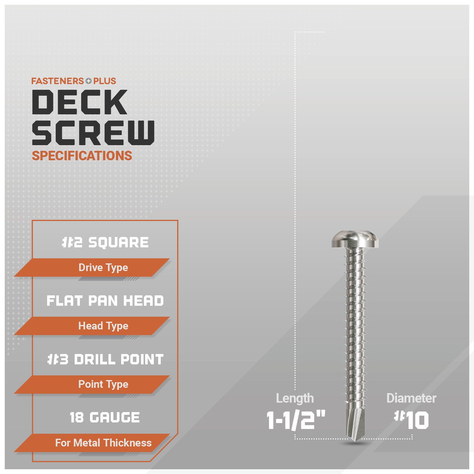 Deck screw with specifications on a gray background