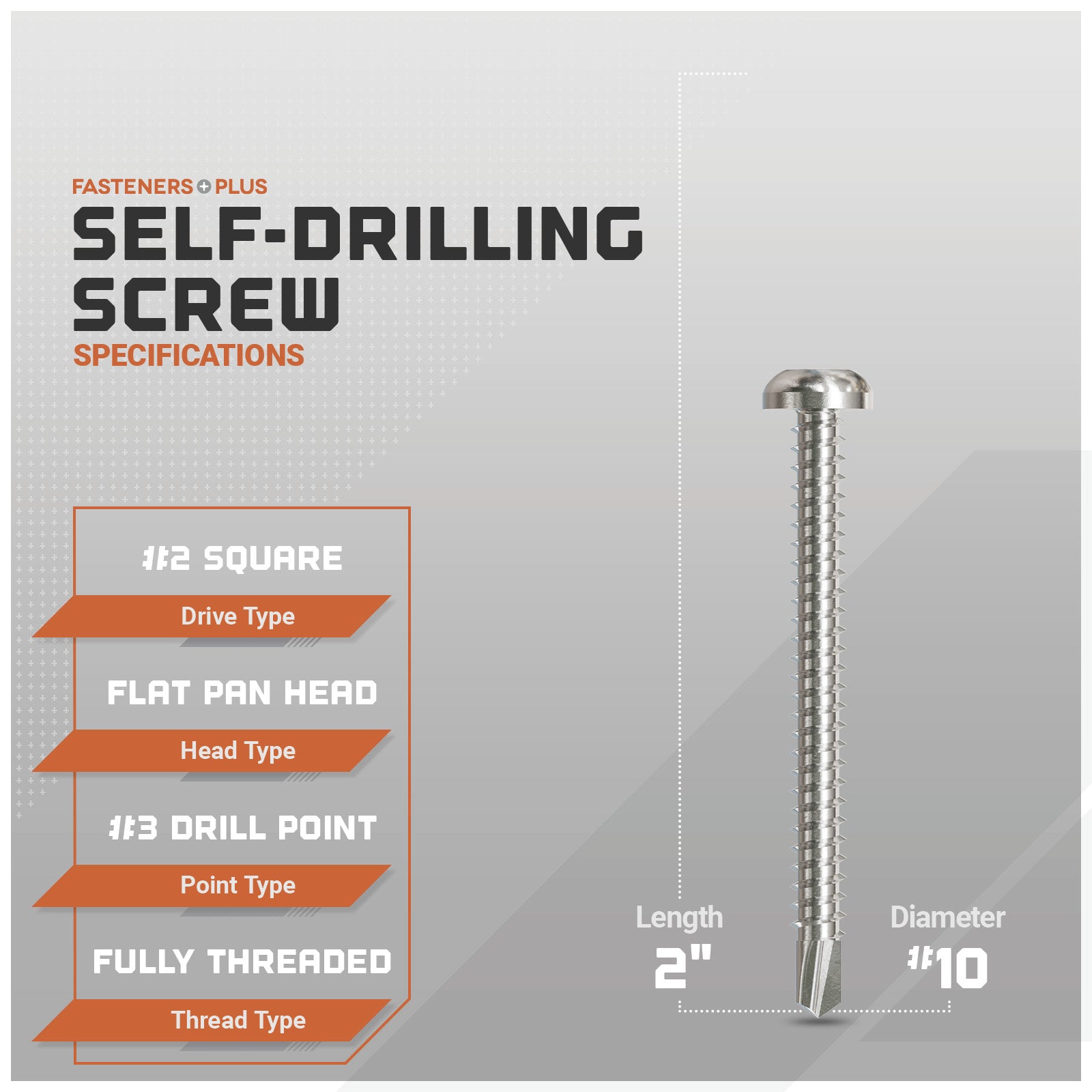 Self-drilling screw with specifications on a gray background