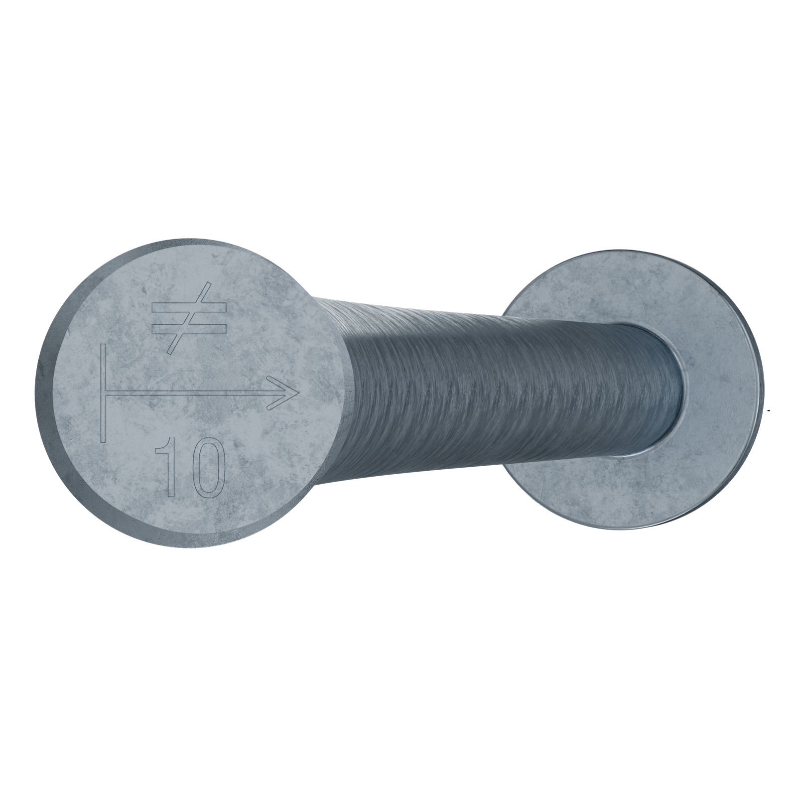 Zoomed in on hot dipped galvanized Simpson Anchor Bolt head showing number 10 stamp