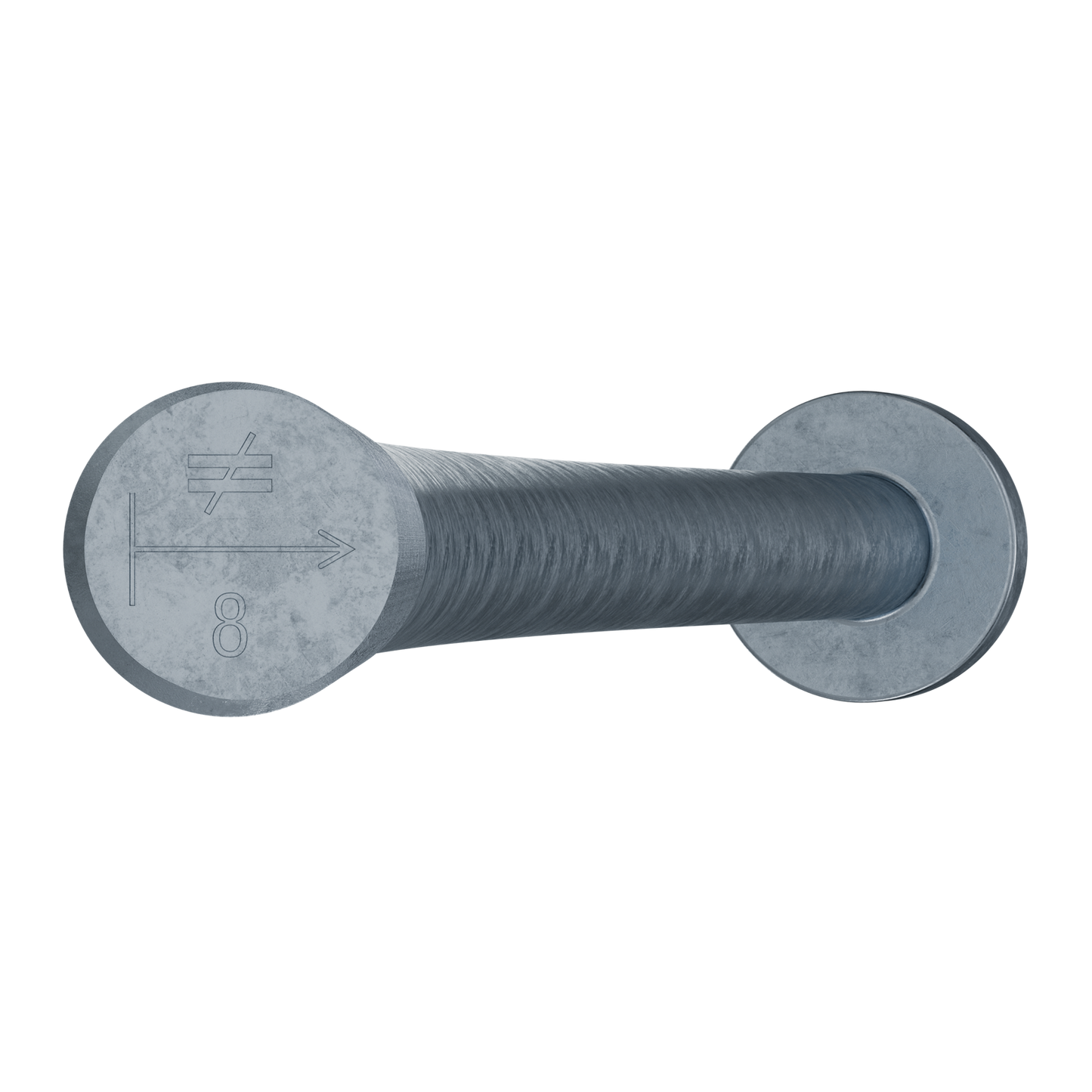 Zoomed in on hot dipped galvanized Simpson Anchor Bolt head showing number 8 stamp