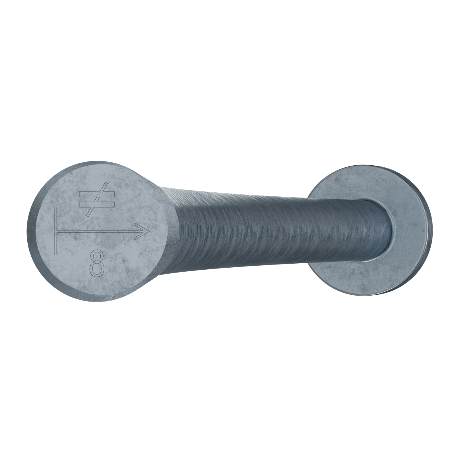 Zoomed in on hot dipped galvanized Simpson Anchor Bolt head showing number 8 stamp